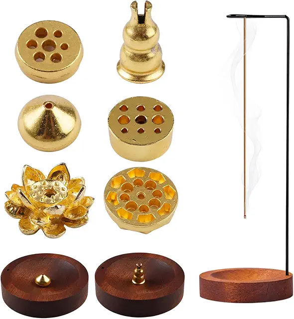 Porta Incienso 8 en 1 con Base de Madera y Bobina Cónica, Estilo Retro