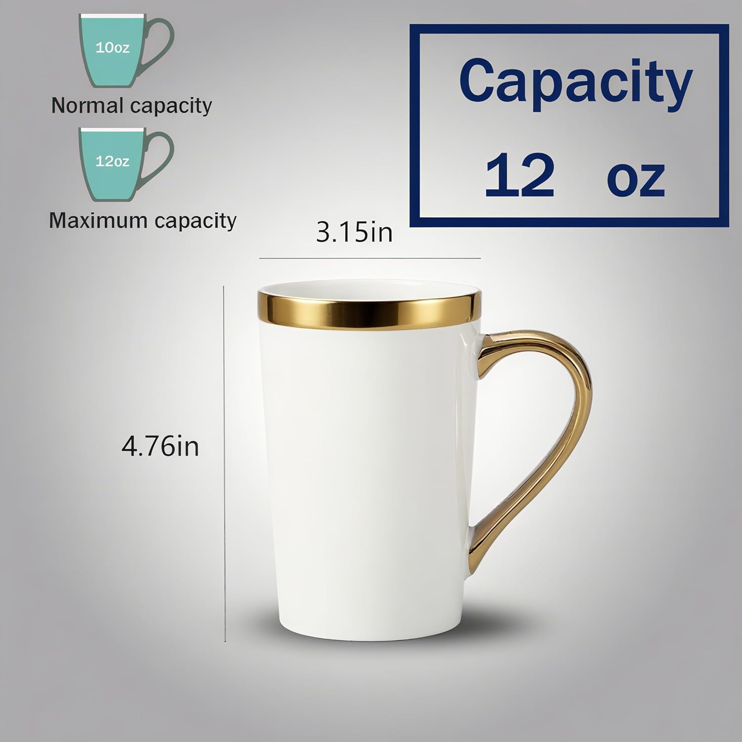 Porcelain Coffee Mugs Set of 6 - White and Gold with Gold Handle, 12 Oz Luxury Cup Set, Dishwasher Safe, Elegant Gift - Image 2
