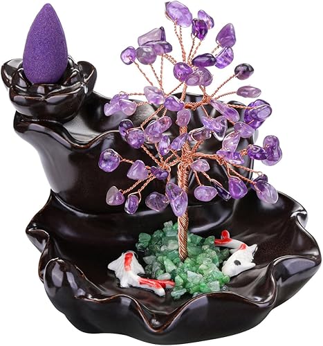 Miniatura 7 de Jovivi Soporte de incienso de reflujo con árbol de cristal de amatista, quemador de incienso en cascada, juego de soporte de incienso de cerámica de