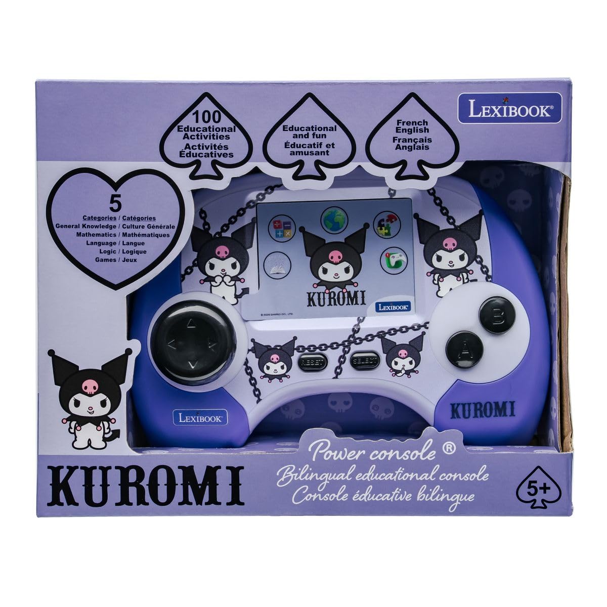 Lexibook, Konsola edukacyjna Kuromi Power, przenośna konsola mówiąca, 2,8" kolorowy ekran LCD, 100 aktywności francuski i angielski, akumulator do ładowania, niebieski, JCG100HK1i1