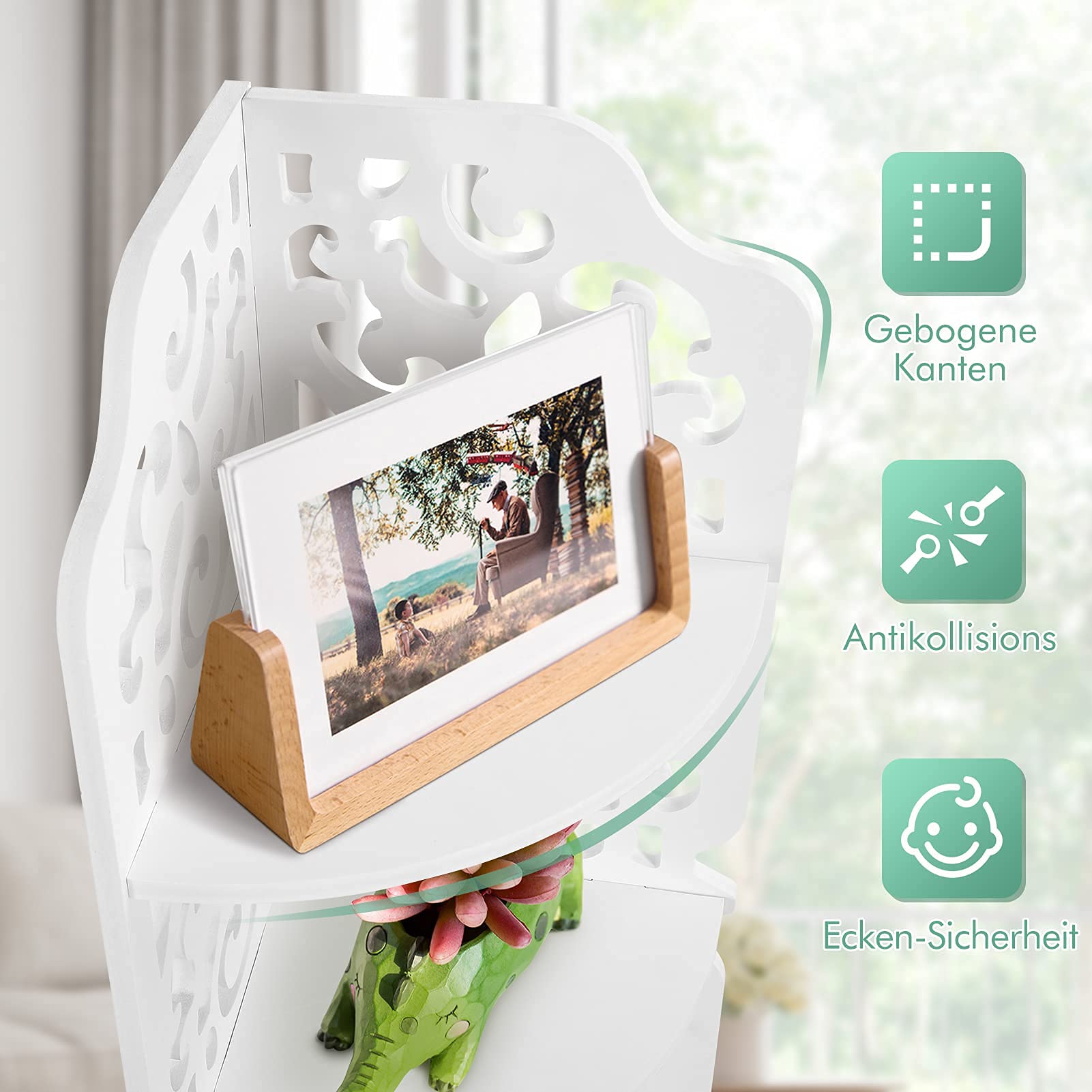 Ejoyous 4 Ebenen Eckregal Weiß, Holzregal Standregale Bücherregal Geschnitzte Wandregal Stehregal Lagerregal Eckstand für Büro Wohnzimmer Küche Badezimmer 84,5x18x 22cm