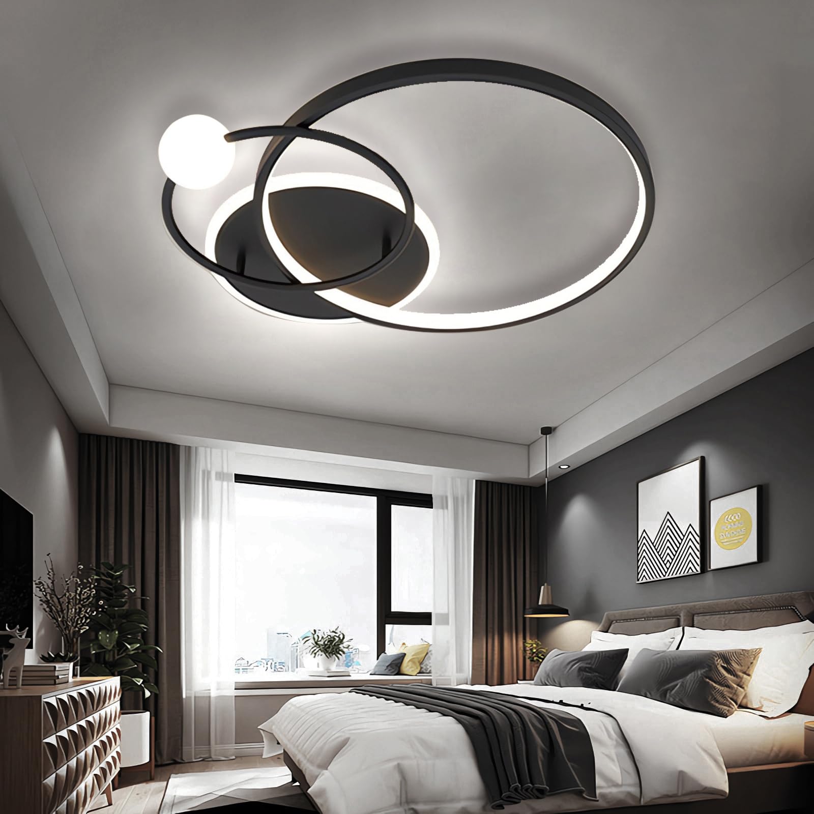 Nowoczesne lampy sufitowe LED Ściemnialna lampa sufitowa LED z pilotem, pierścieniowe oświetlenie sufitowe Biuro Sypialnia Kuchnia Pokój dzienny Sypialnia Światło sufitowe (Czarny, 52CM)