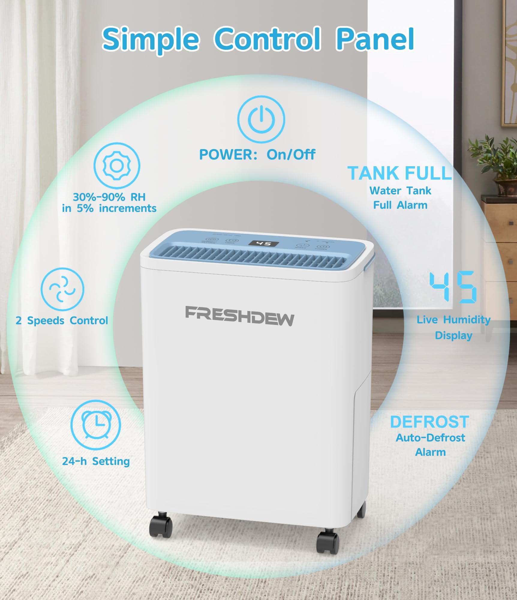 FRESHDEW Deumidificatore 30 Pinte - Per Casa Fino A 1500 Mq Con Tubo Di Scarico E Serbatoio 0,52 Galloni