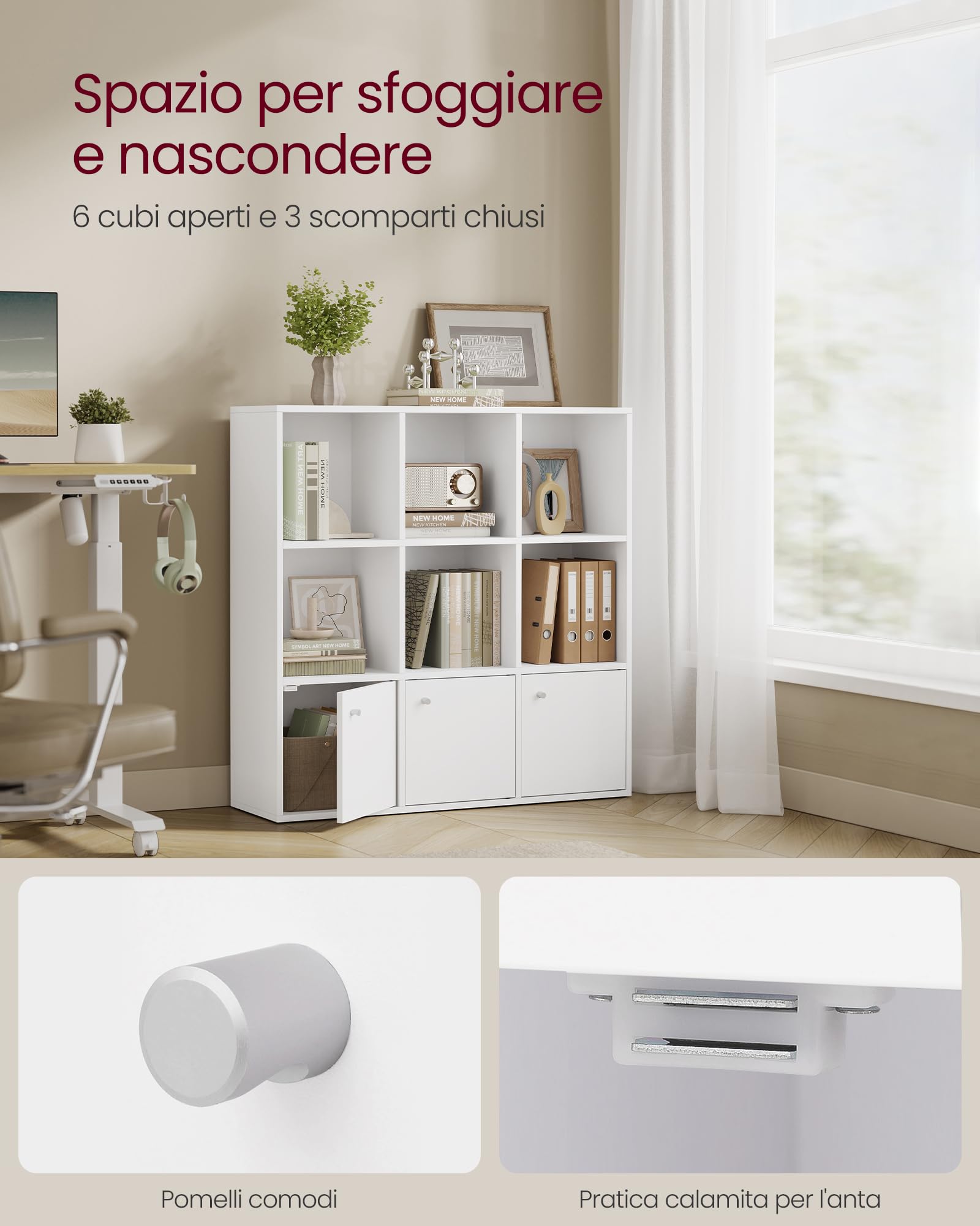 VASAGLE Libreria, Scaffale Libreria a 3 Ripiani, Scaffale Portaoggetti, 29 x 97,5 x 97,5 cm, 3 Scomparti con Ante, per Soggiorno Studio Sala da Pranzo, Bianco Nuvola LBC33WT