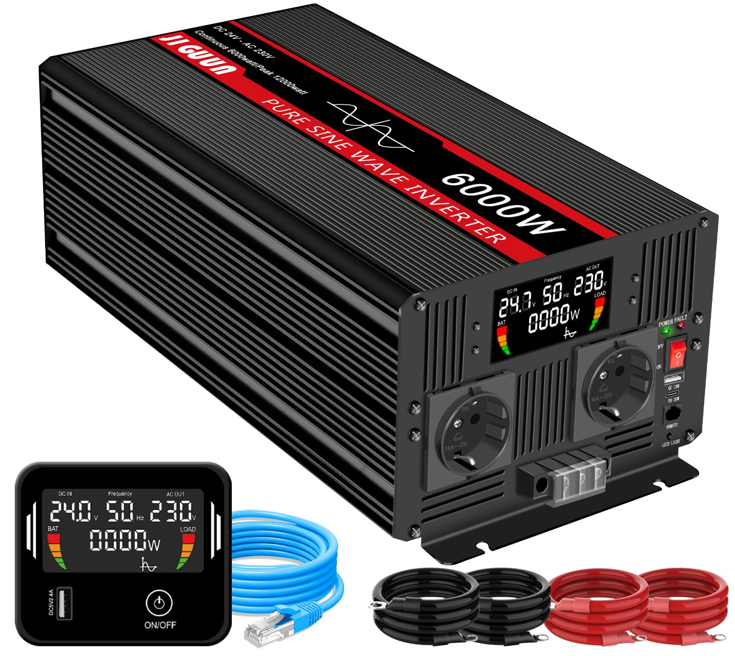 JIGUUN 6000W inwerter sinusoidalny 24V na 230 V z bezprzewodowym pilotem zdalnego sterowania Wyświetlacz LCD 2 gniazdko UE i 1 port USB do samochodu, na kemping, w podróży, w nagłych