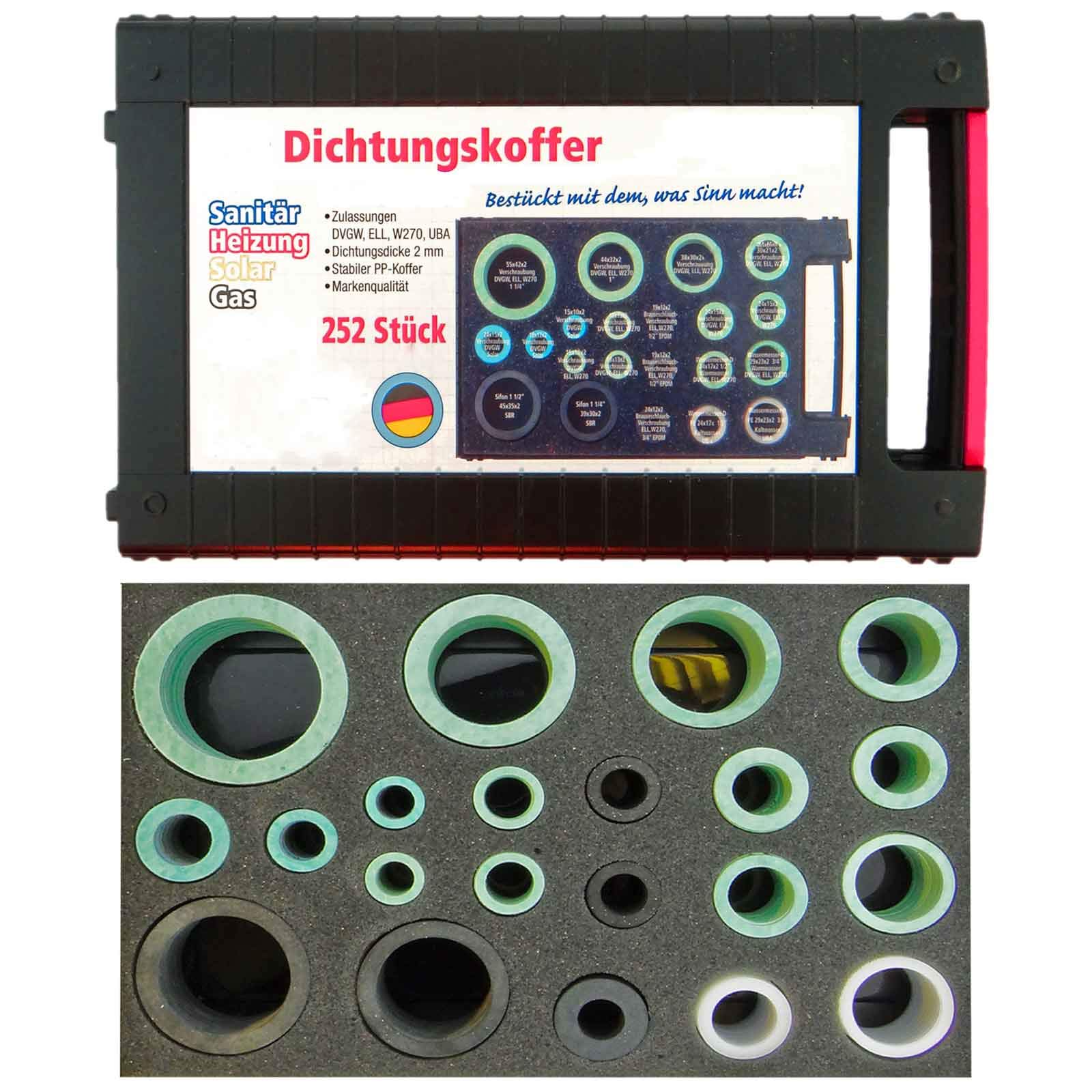 MegaHaustechnik Dichtungskoffer universal mit 252 Stück Dichtungen für Heizung Gas Wasser Sanitär Solar DVGW Zulassungen, Made in Germany