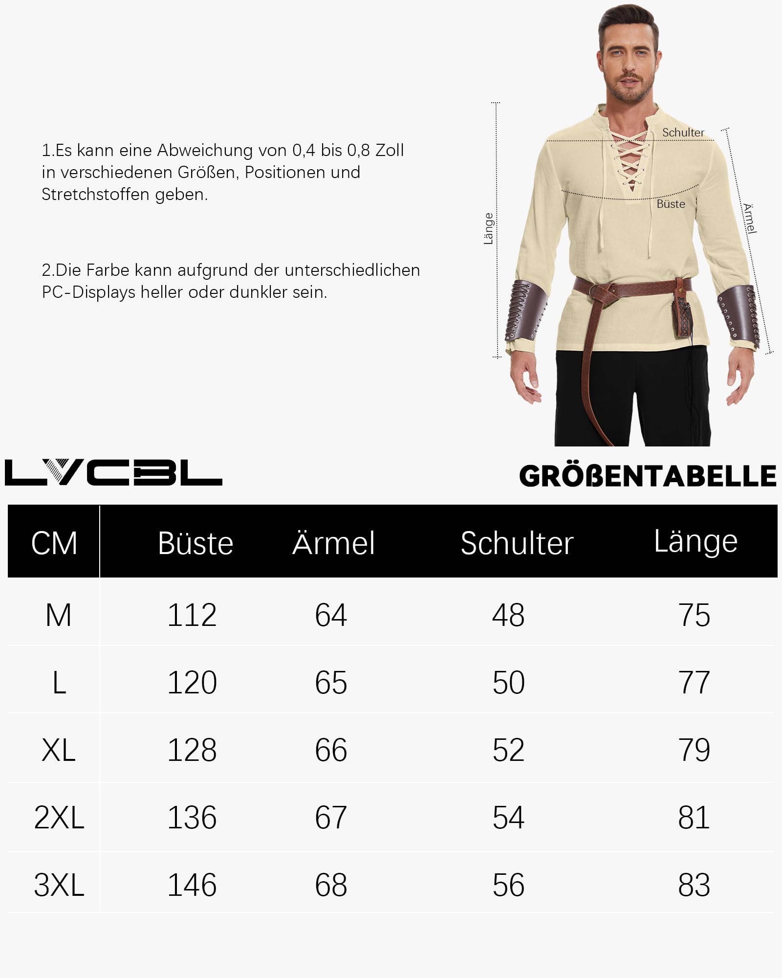 LVCBL Średniowieczna koszula męska, lniana koszula w stylu retro, kostium Wikingów, sznurowana koszula M-3XL