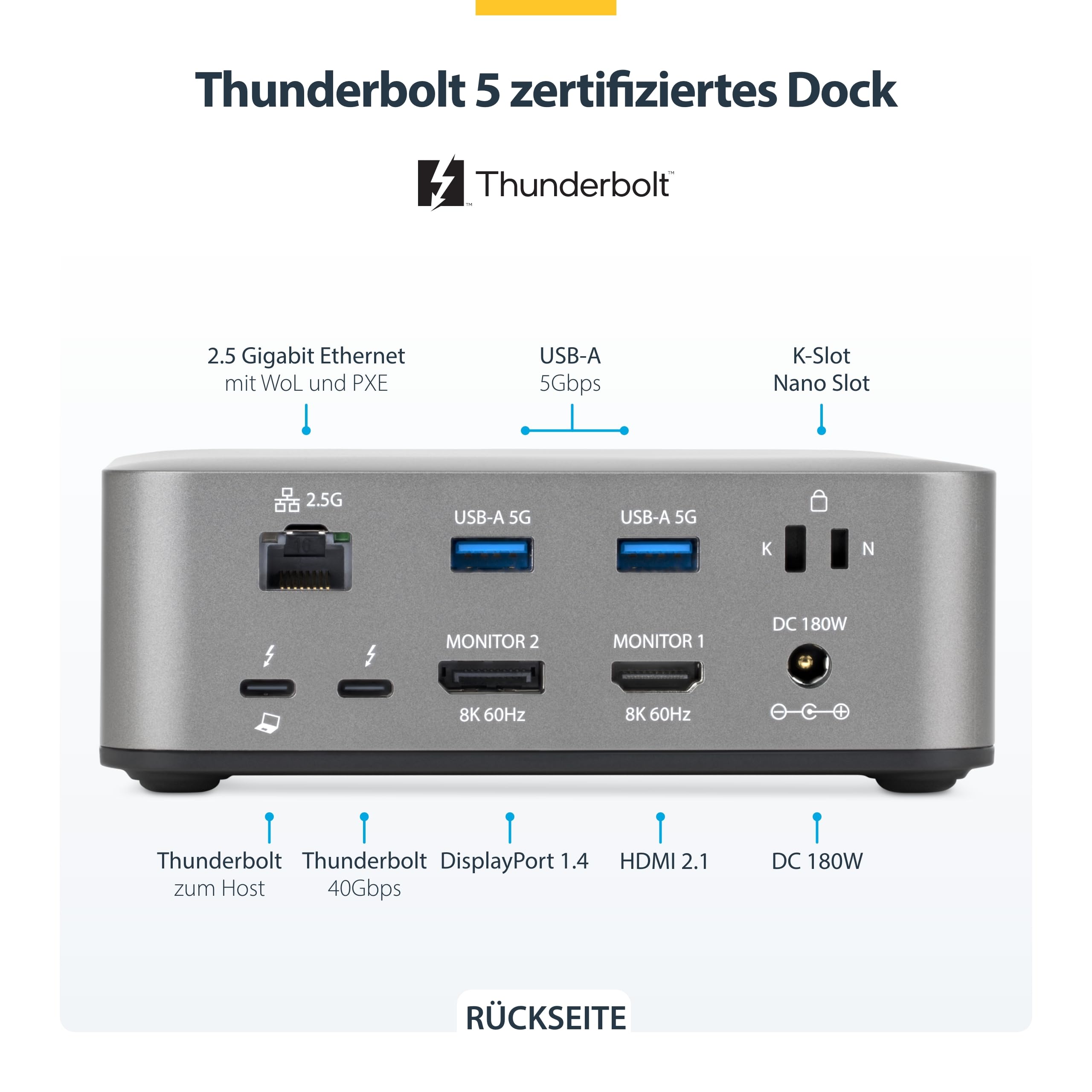 StarTech Thunderbolt 5 USB4 Dock, Dreifach 4K 144Hz, Dual 8K 60Hz, 140W PD | Dual 6K 60Hz für Mac, 120Gbit/s, Windows, macOS, 30W Handy, USB 10Gbit/s, 2.5GbE, SD 4.0