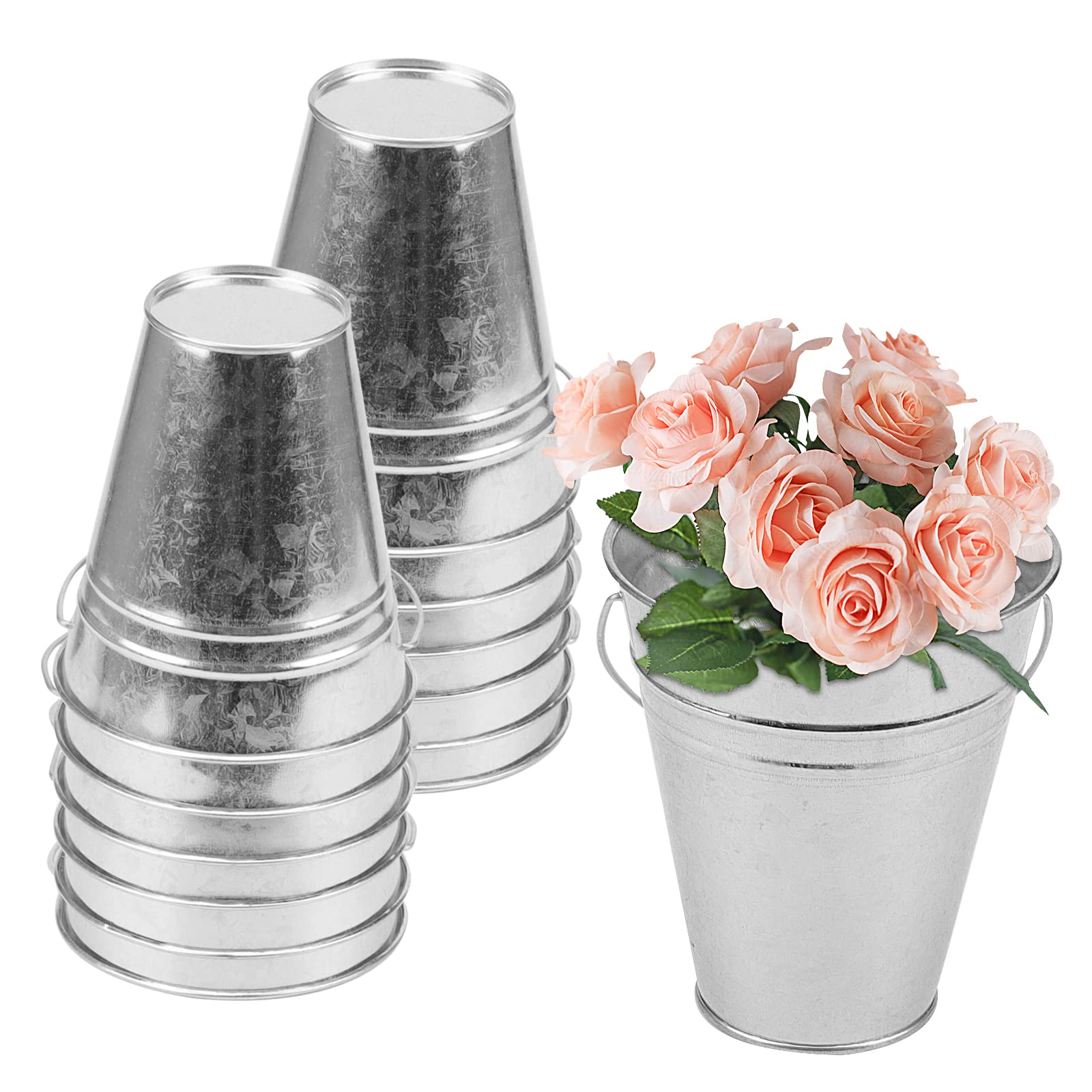 JAPCHET 12PCS 4.5 Inch Small Tin Buckets Galvanized Pails, Mini Metal Bucket with Handle, Metal Serving Buckets for Plant Pot Container Party