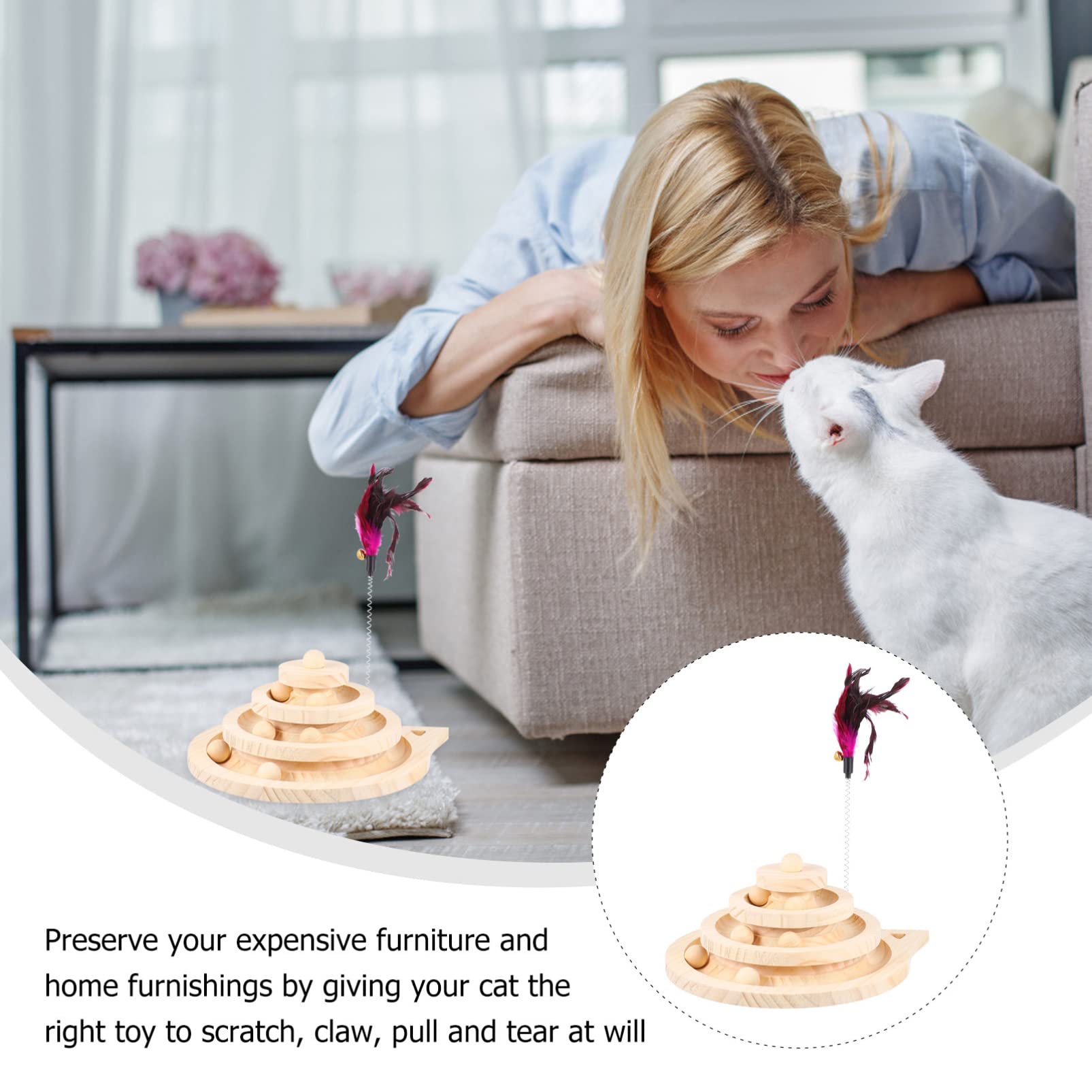 TOYANDONA Juguetes para Gatos de Madera con Plato Giratorio de Juguete para Gatitos con Bola de Seguimiento para Entretenimiento el Hogar