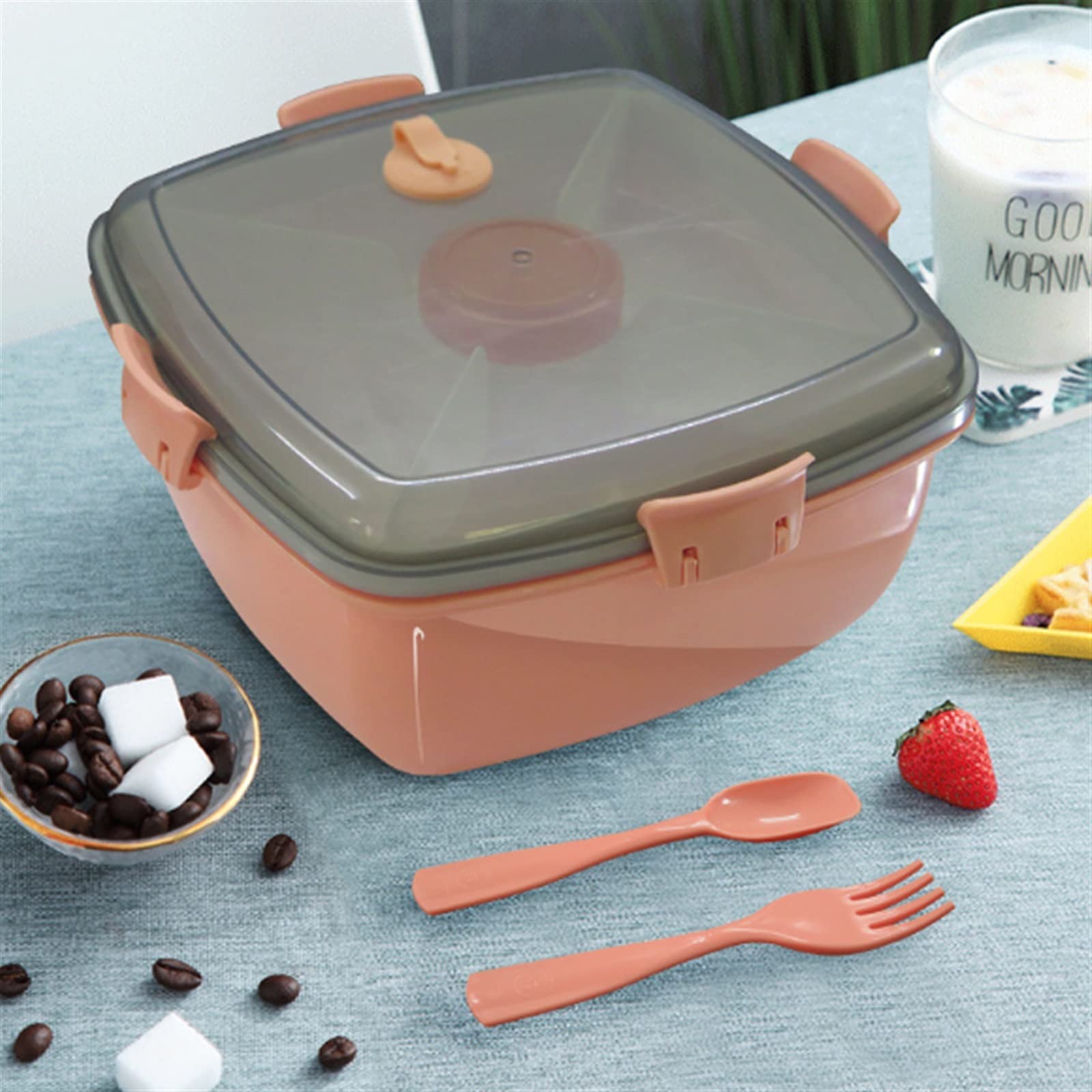 Brotdose， Doppeldecker-Lunchbox, Salatbox, Bento-Picknick, 4 Gitter, Salatdressing-Behälter, Lunchbox-Set, Stude(Blu)