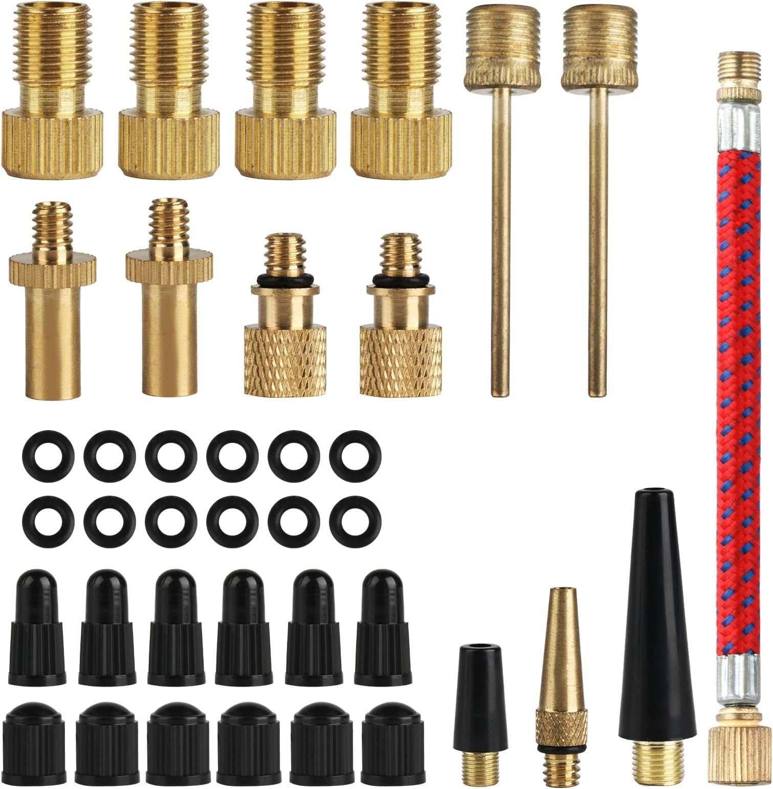 38 Pcs Bike Valve Adapter DV/AV/SV Set, Bike Pump Adaptor Set, Bicycle Valve Adapter Bike Pump Valve Adapter Set, Bicycle Pump Adapter for Presta Schrader Valve, with Ball Pump Needle, Caps