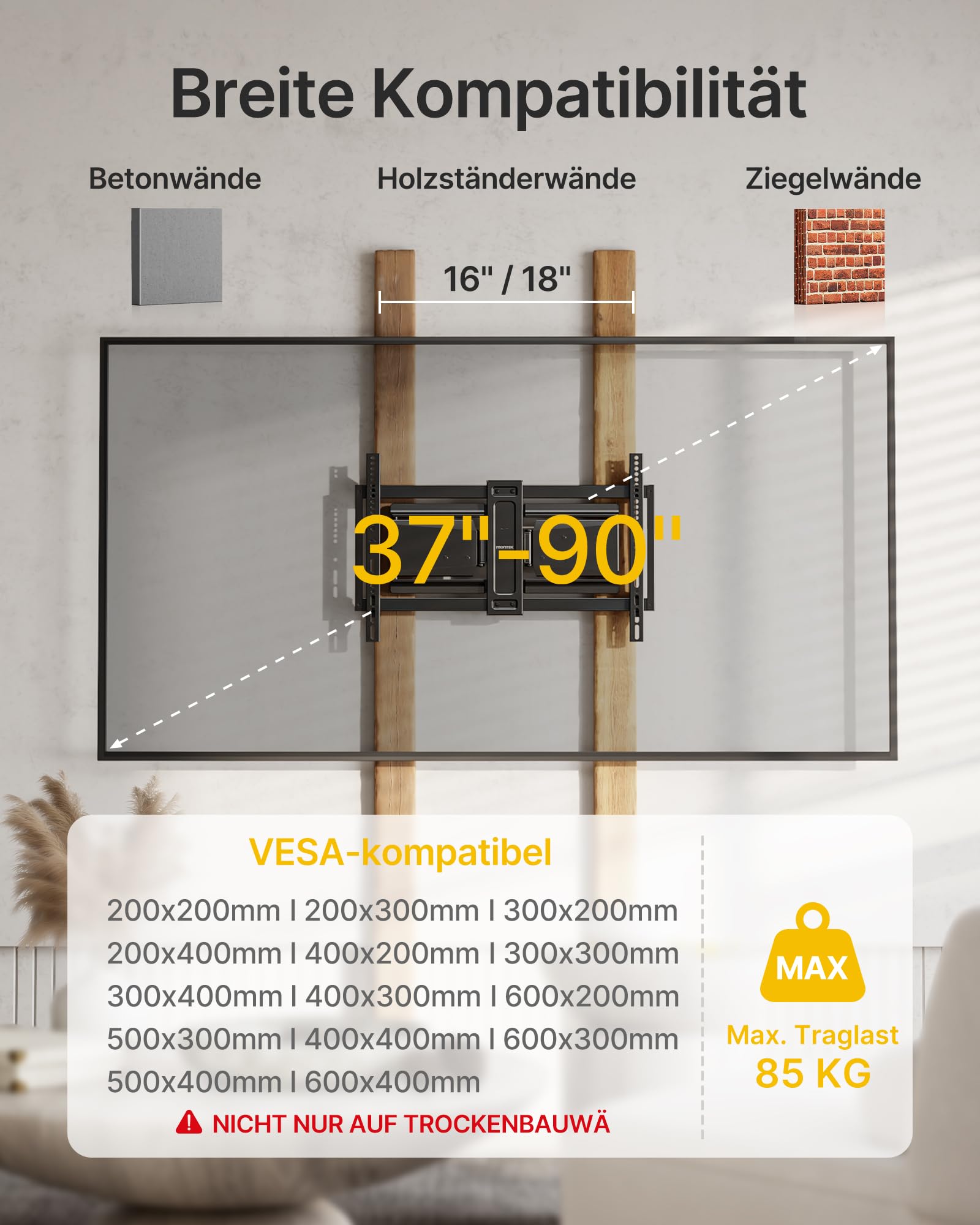 monTEK Hochbelastbare Ultra Slim TV Wandhalterung für 37-90 Zoll Fernseher bis zu 85kg, Schwenk & Neige & Ausziehbare TV Halterung mit Gelenkigen Doppelarmen, MAX VESA 600x400 mm