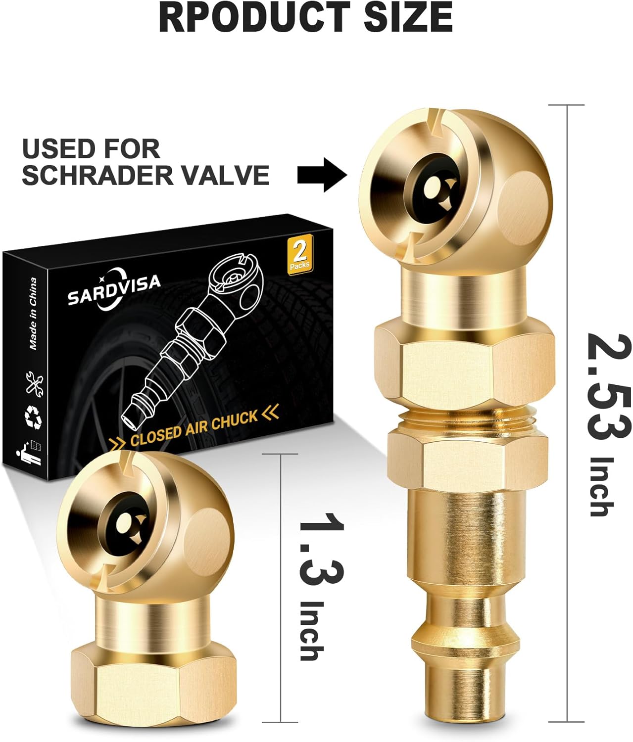 SARDVISA 2-Packs Portable Air Chucks, Solid Metal Closed Ball Air Chuck with 1/4" NPT Standard Quick Plug, Tire Inflator Gauge Nozzle for Air Compressor Accessories