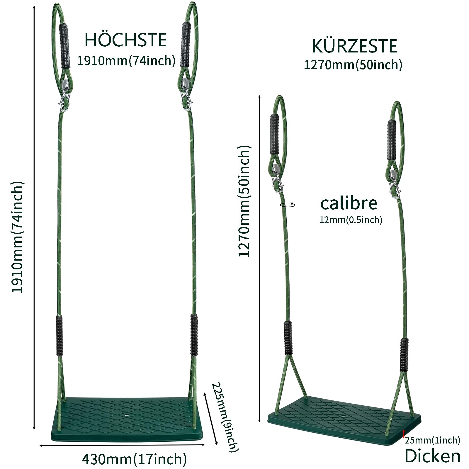 Schaukel Garden,Outdoor-Baumschaukel Rutschfestem Weichgummi Schaukelsitz mit verstellbaren Seil und 2 Karabinern Indoor Outdoor Spielplätze Gärten Schaukel für Jugendliche/Erwachsene, Grün/270 kg