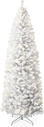 Best Choice Products Árbol de Navidad blanco preiluminado de 6 pies, decoración artificial con bisagras delgadas con 250 luces incandescentes, 608