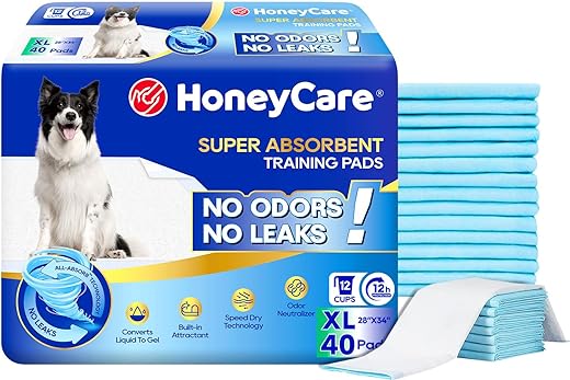 HONEY CARE All-Absorb, X-Large 28″ x 34″, 40 Count, Dog and Puppy Training Pads, Ultra Absorbent and Odor Eliminating, Leak-Proof 5-Layer Potty Training Pads with Quick-Dry Surface, Blue