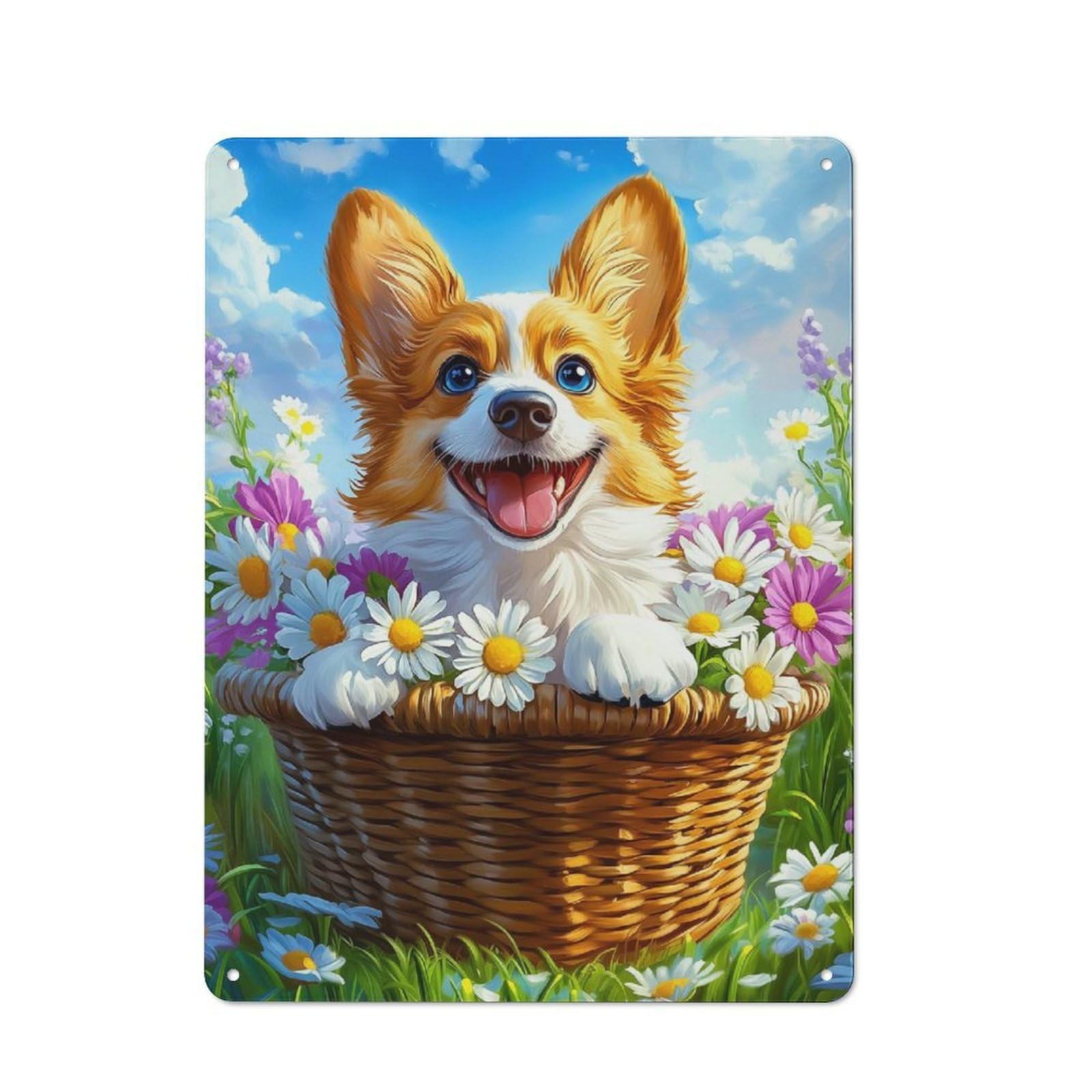 Junmoney Style-22-1 For Bar Or Restaurant, Happy Corgi In Flower Basket Retro Metal Plaque 40X30cm, A Decorative Christmas Gift For Hospitality Decor Collectors