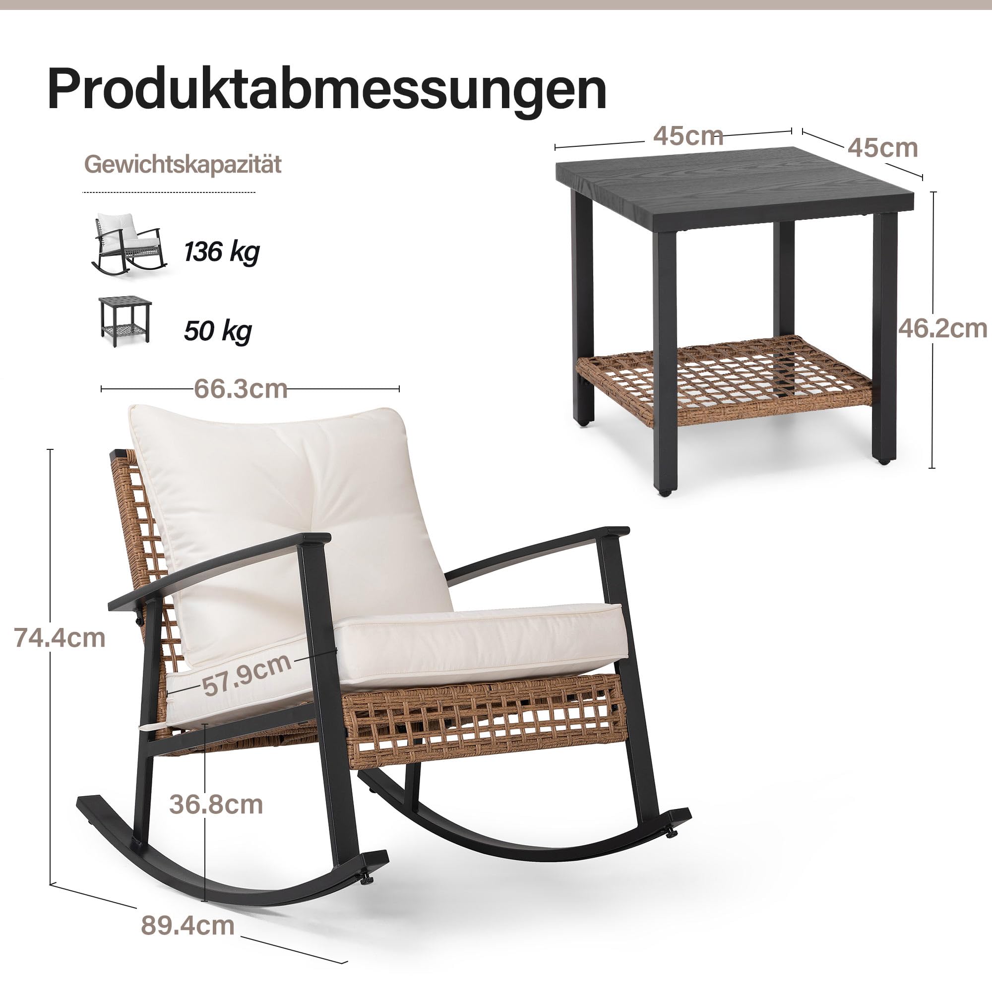 LAUSAINT HOME 3-teiliges Schaukel-Bistro-Set, Outdoor-Patio-Möbel mit dicken Polstern und zweistufigem Couchtisch, übergroße Rattan-Sitzgruppe für Garten, Balkon, Hinterhof (Beige)
