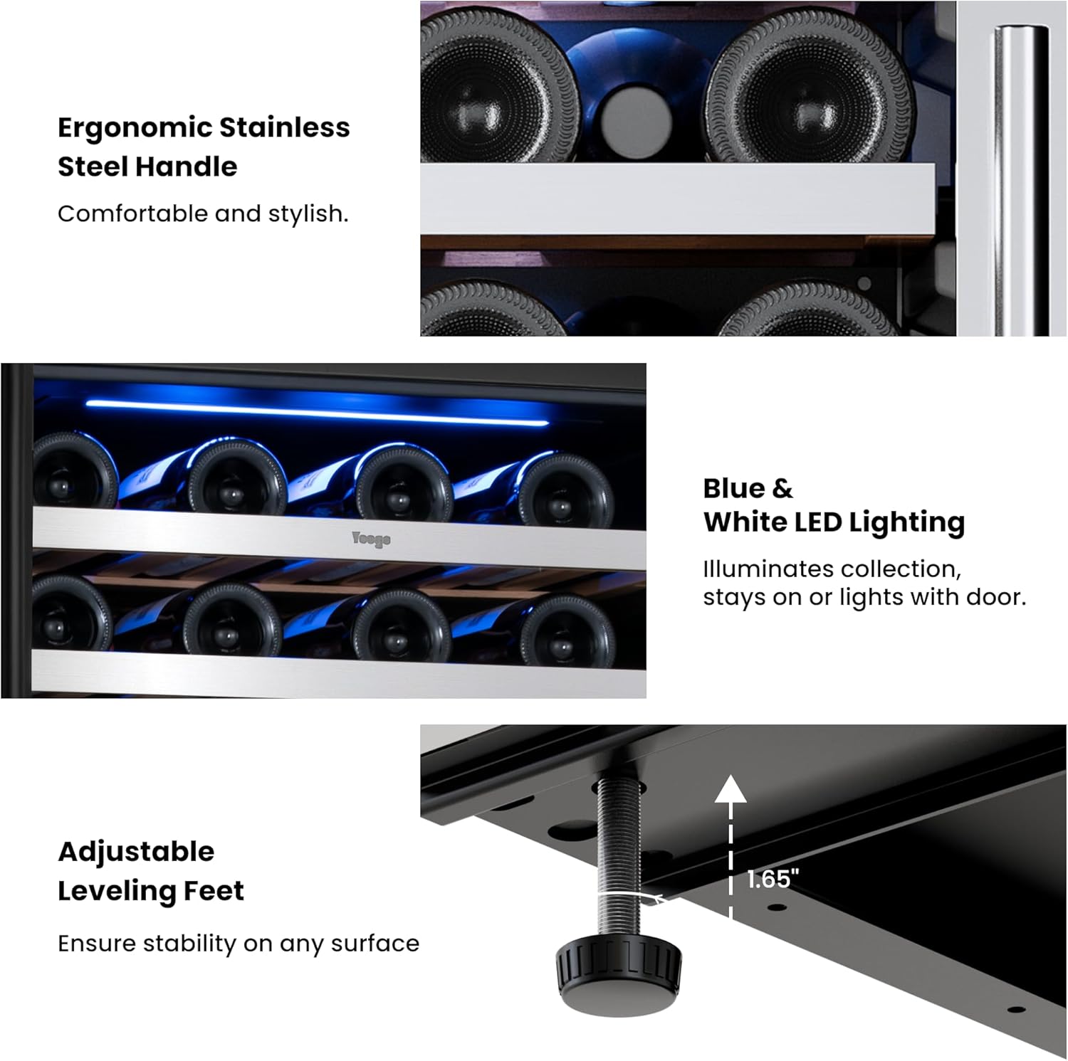 Yeego Wine Fridge – 24 Inch Dual Zone Wine Cooler Refrigerator 40°F-65°F, 304 Stainless Steel Glass Door Lock, Temp Memory Blue & White LED Built-in Fridge Left-hand Opening with Drawer (89 Bottle)
