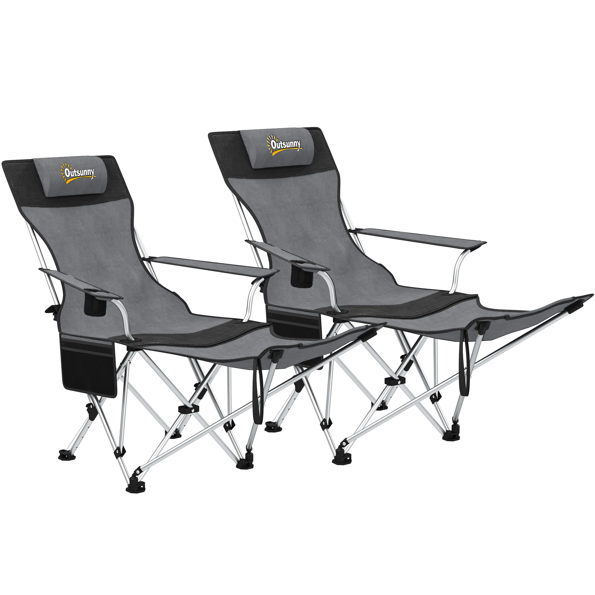Outsunny Conjunto de 2 Sillas Plegables Camping Tumbonas Camping Portátiles con Reposapiés Desmontable Reposacabezas Portavasos y Bolsa Lateral Carga 120 kg para Jardín Playa Pesca Gris y Negro