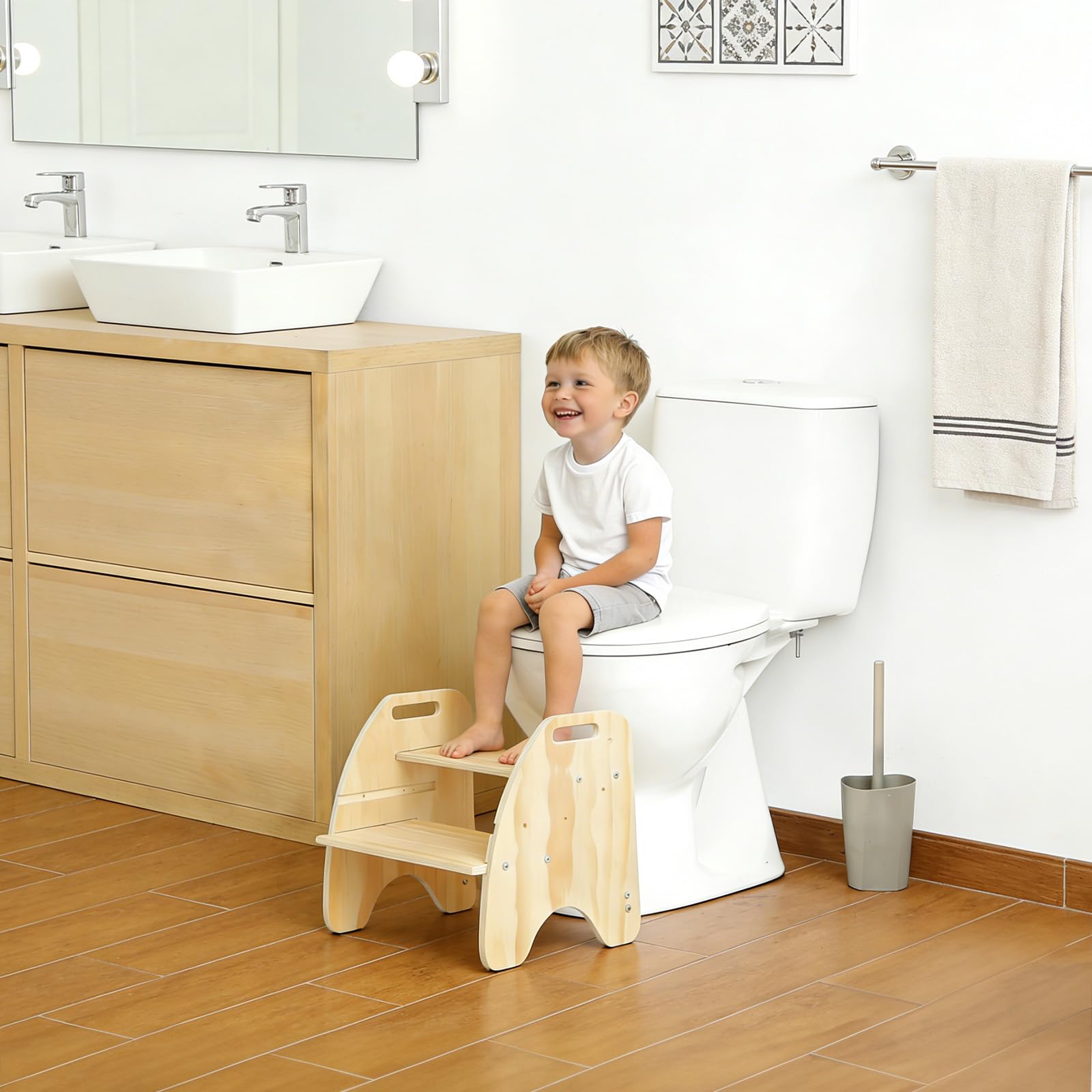 comfoyar Tritthocker Kinder Holz, 2 Stufenhocker für Kinder mit Griff und Rutschschutzkissen, Cabrio Stuhl mit Rückenlehne, Höhenverstellbar Töpfchentraining Hocker für Badezimmer Schlafzimmer Küche