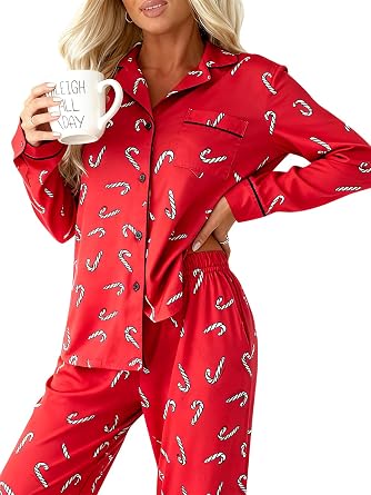 MYHALF Christmas Pajamas for Women Long Sleeve Pajama with Pockets Button Down Pjs Sets V Neck Fall Pj Lounge Set