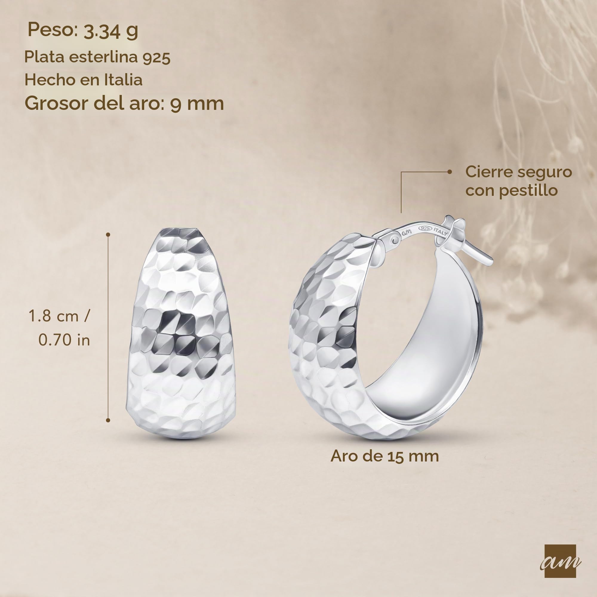 Amberta Pendientes de aro gruesos de plata de ley 925 hechos a mano para mujer