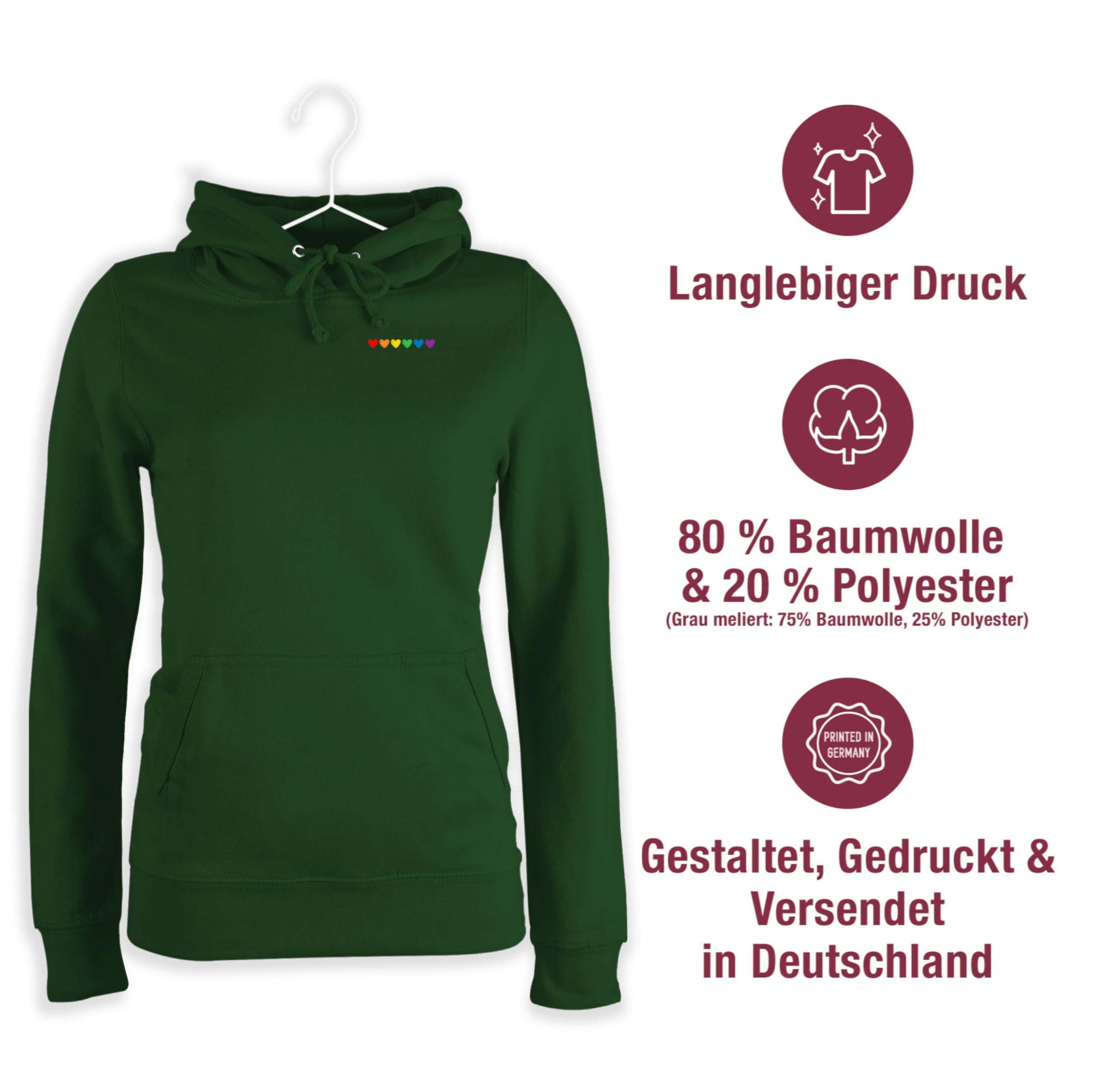 Shirtracer - Pullover Damen Hoodie Frauen - Kleidung Flag - Brustdruck Regenbogen Herzen Pride Outfit CSD Accessoires LGBTQ I Christopher Street Day I Lesbisch I Schwul I Bisexuell I Trans I Queer