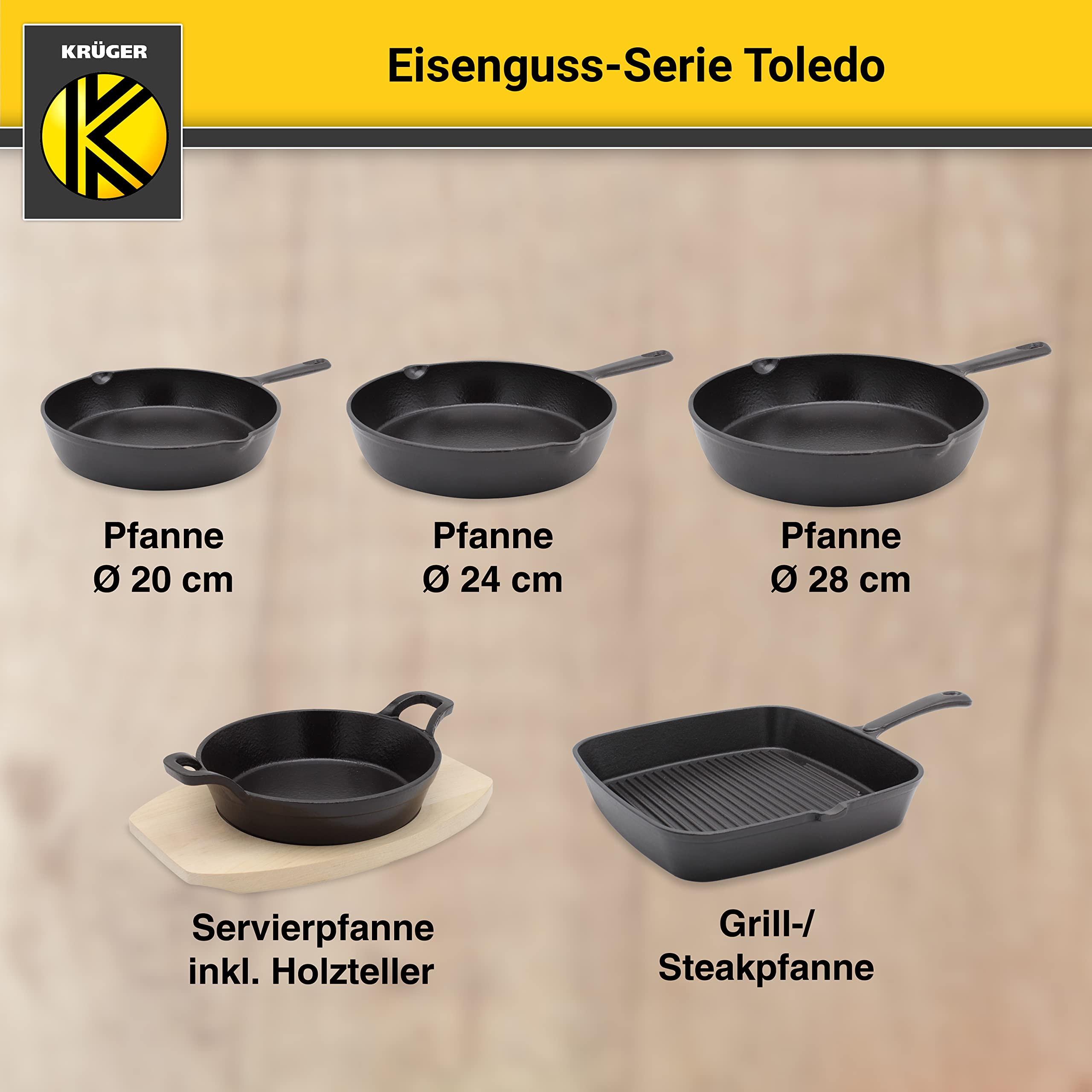 Krüger Gusseisen Steakpfanne Toledo 28x28 cm Rillenboden | Induktion