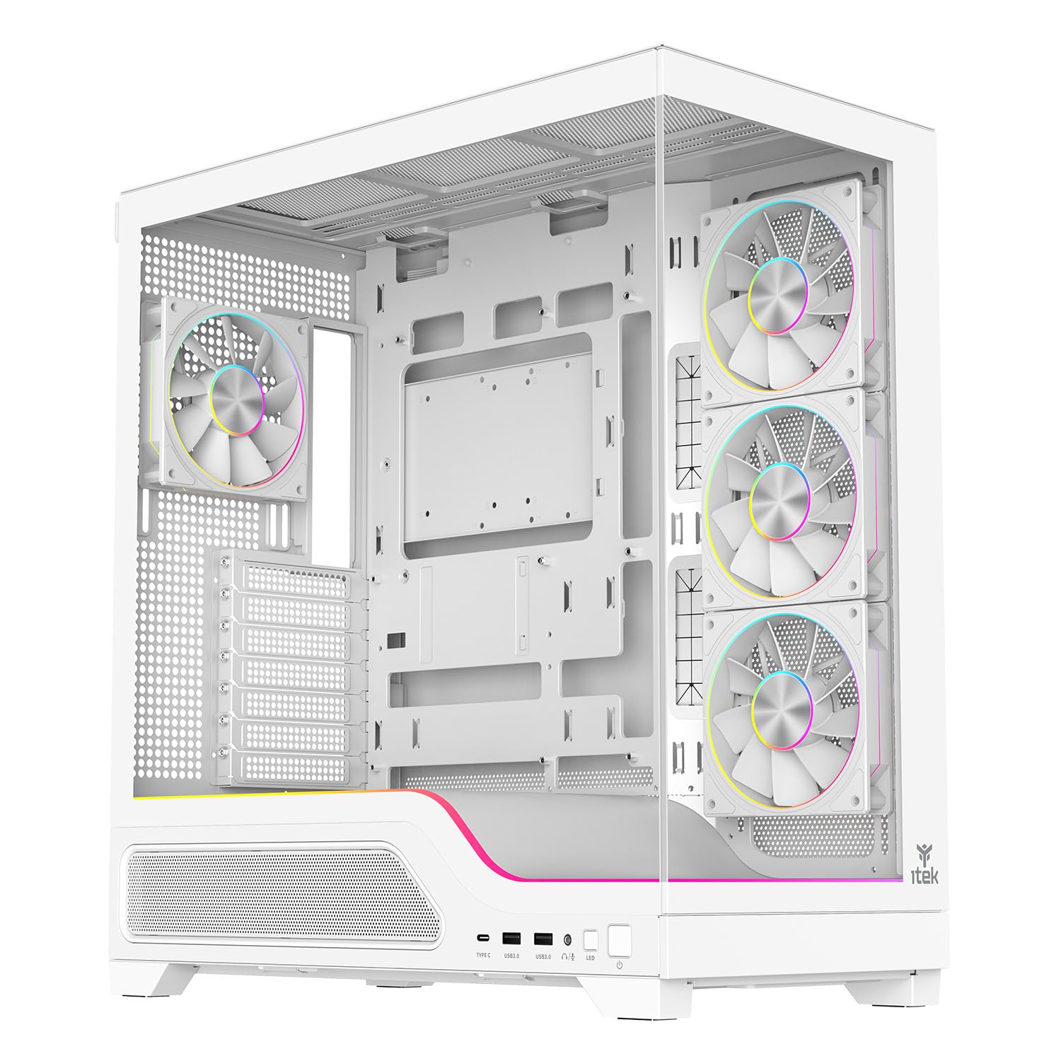 Itek Case Gaming SHOWBUI WAVE 82W - Tower ATX con 4 ventole ARGB 12 cm incluse - 2xUSB3, Type-C- paratia frontale e laterale in vetro temp scuro - Ed. Bianca