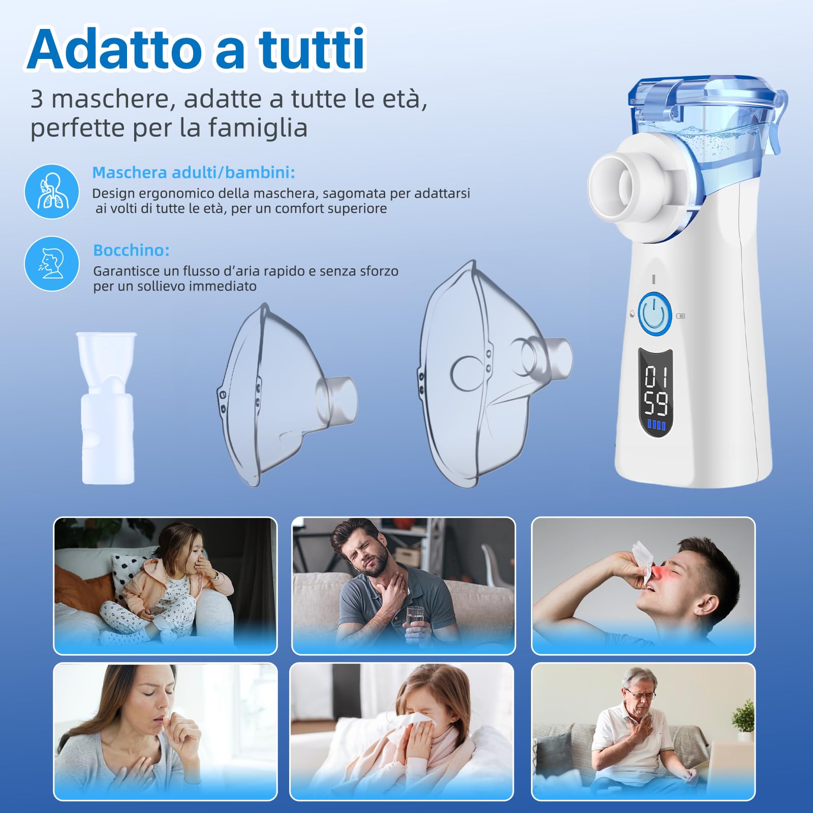 Aerosol Portatile Silenzioso Macchina Aerosol per Adulti e Bambini a Ultrasuoni con Ricarica USB-C Nebulizzatore Elettrico Portatile Macchinetta Aerosol Compatta ed Efficiente Meno Residui