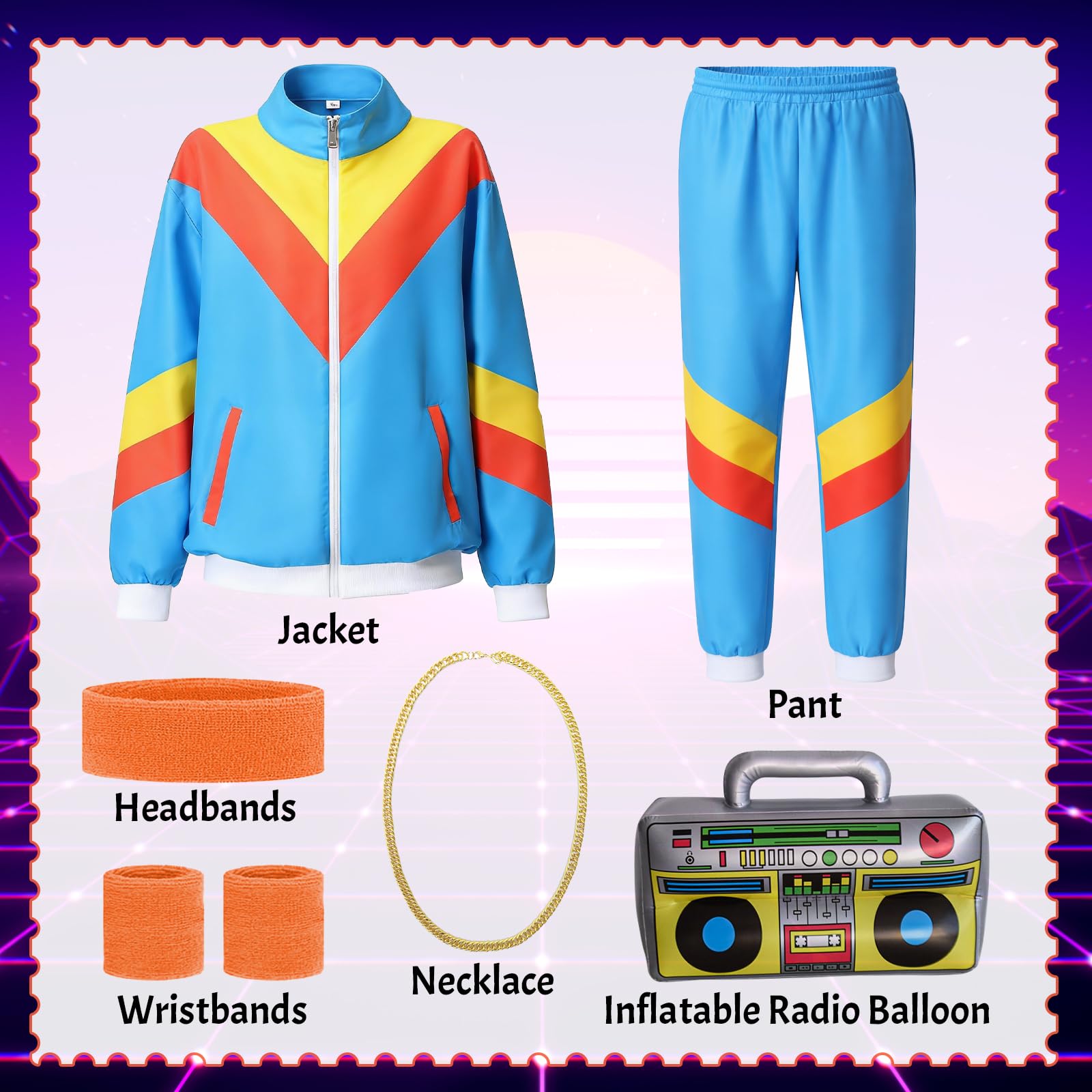 Disfraz de los años 80 y 90 para hombre y mujer, chándal de los años 80, chaqueta y pantalones, traje de chándal para hombre, estilo retro de los años 80, traje de los años 80, para carnaval