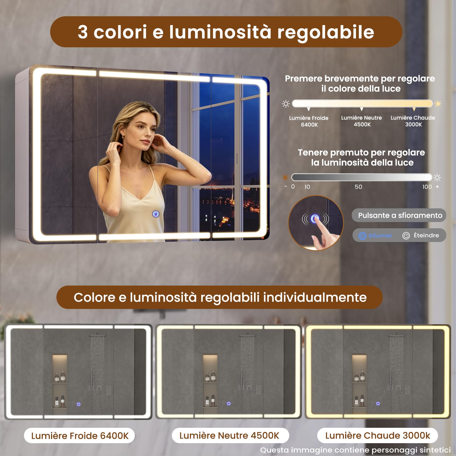 Specchio Bagno Contenitore 90x17x60 cm, Specchiera Bagno, Bianco | Illuminazione a LED a 3 colori, Ripiani Regolabili, Presa Elettrica, Specchio Grande HD Orientabile, Pulsante Touch, 3 Ante