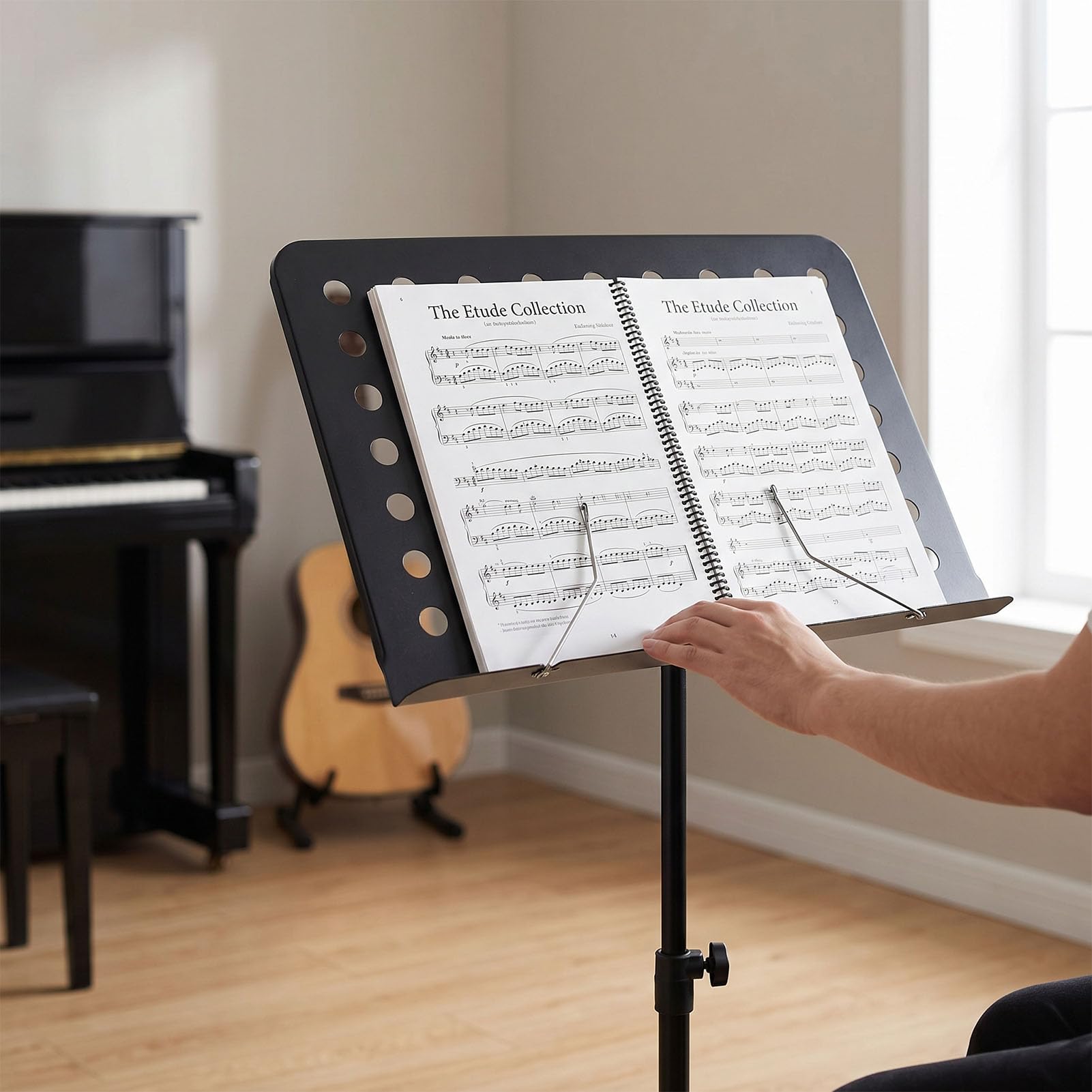 EMUKOEP Atril para Partituras, Soporte para Partituras Plegable Ajustable con de Altura de 31,5 a 58,1 Pulgadas, Bandeja Inclinable de 180 Grados para Práctica de Instrumentos, Orquesta
