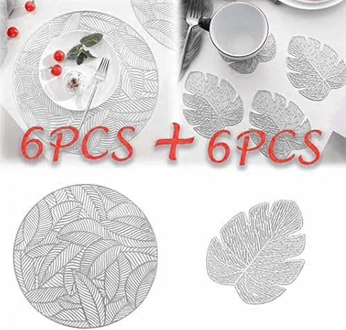Miniatura 2 de Paquete de 6 manteles individuales redondos prensados metálicos, manteles individuales redondos de hojas laminadas, antideslizantes, aislamiento de