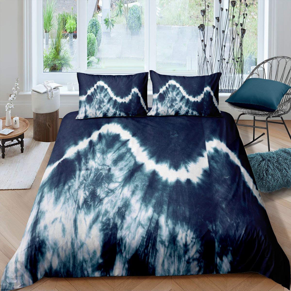 Erosebridal Tie Dye Bedding Set King Size Blue Tie Dye Duvet Cover Psychedelic Comforter Cover Ethnic Trippy Tattoo Bedspread Cover for Kids Boys Girls Teens Adult Living Room Dorm Decorative