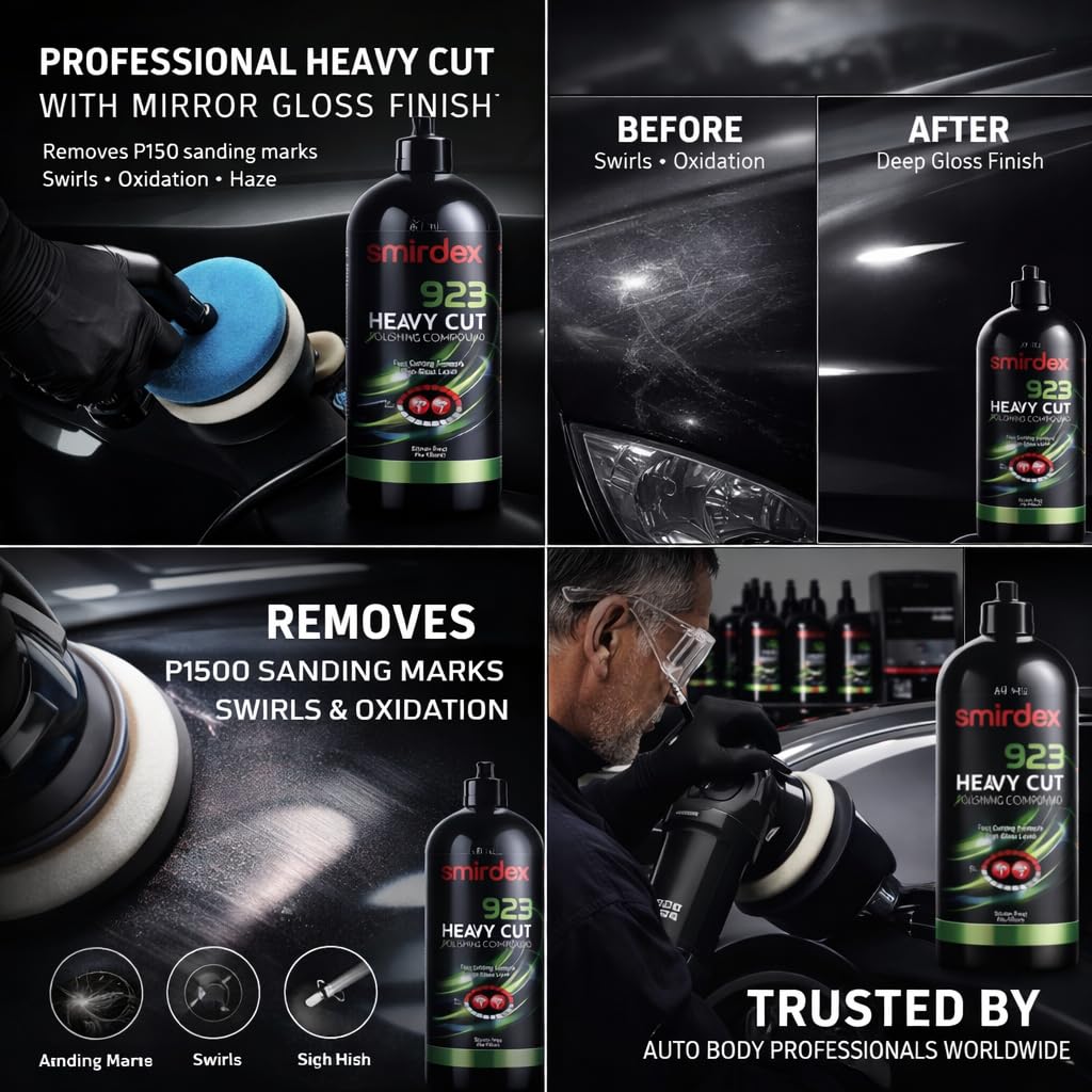 923 Heavy Cut Polishing Compound – Fast Cut & High Gloss Finish for Automotive Clear Coats – Silicone-Free, Water-Based, 1kg Bottle – Removes P1500+ Scratches & Restores Shine
