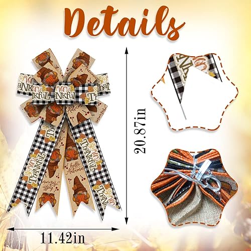 Miniatura 2 de Lazos grandes de Acción de Gracias para corona, gnomos a cuadros negros y blancos, lazos de corona de hojas de arce de otoño para puerta delantera,