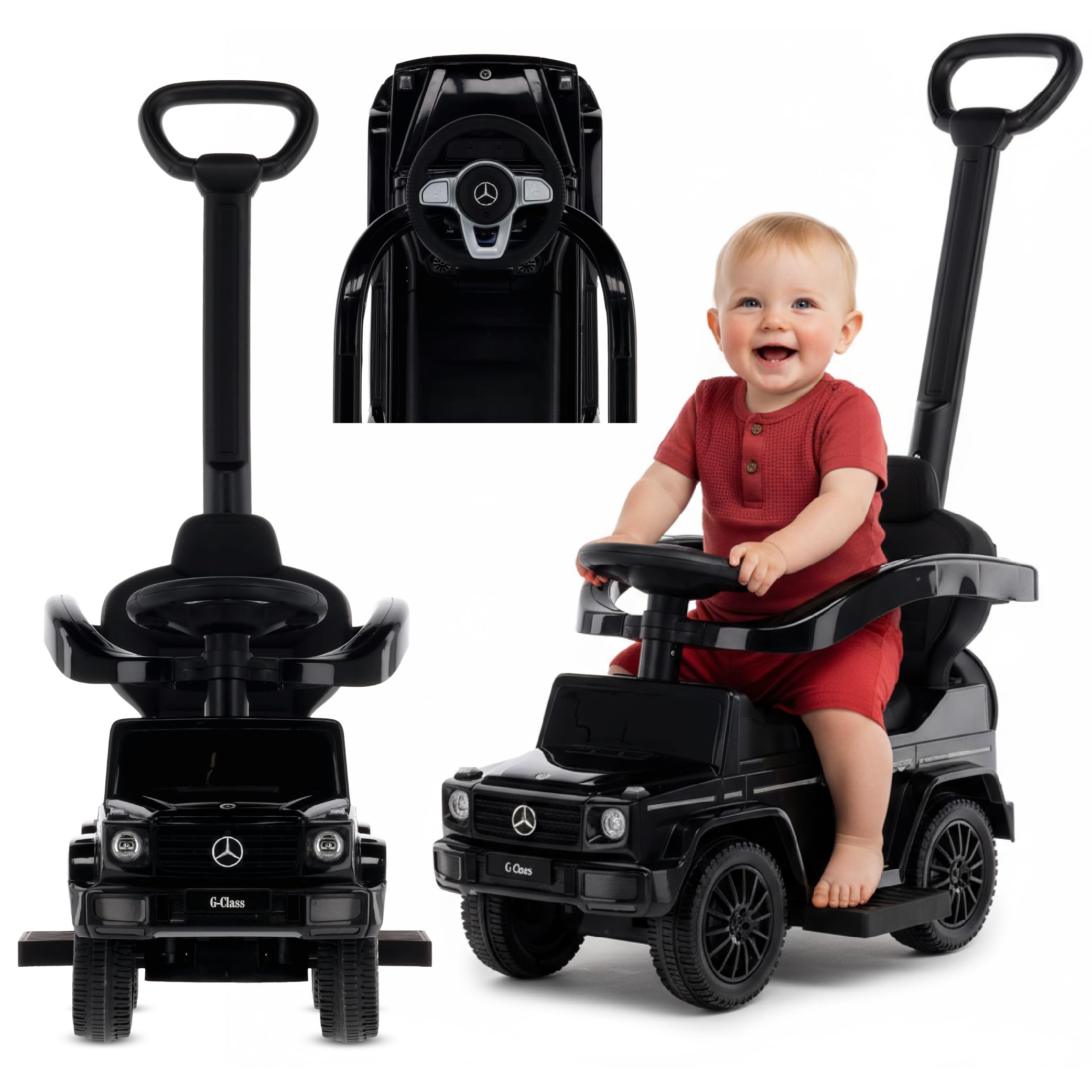 Rutschauto ab 1 Jahr mit Schubstange, Mercedes G mit Schubstange, Kinderauto, Baby Auto (Schwarz)