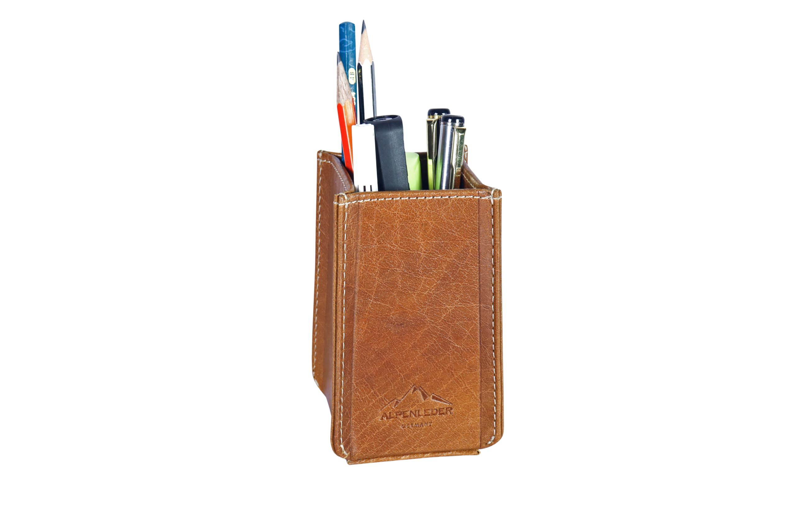 Alpenleder Stifteköcher - Modell: HAFERL (Handgefertigt) - Nachhaltiges Bio-Leder aus regionaler Landwirtschaft | Stifteschale leder *Fair Produziert* (5x5x12cm) (Cognac)