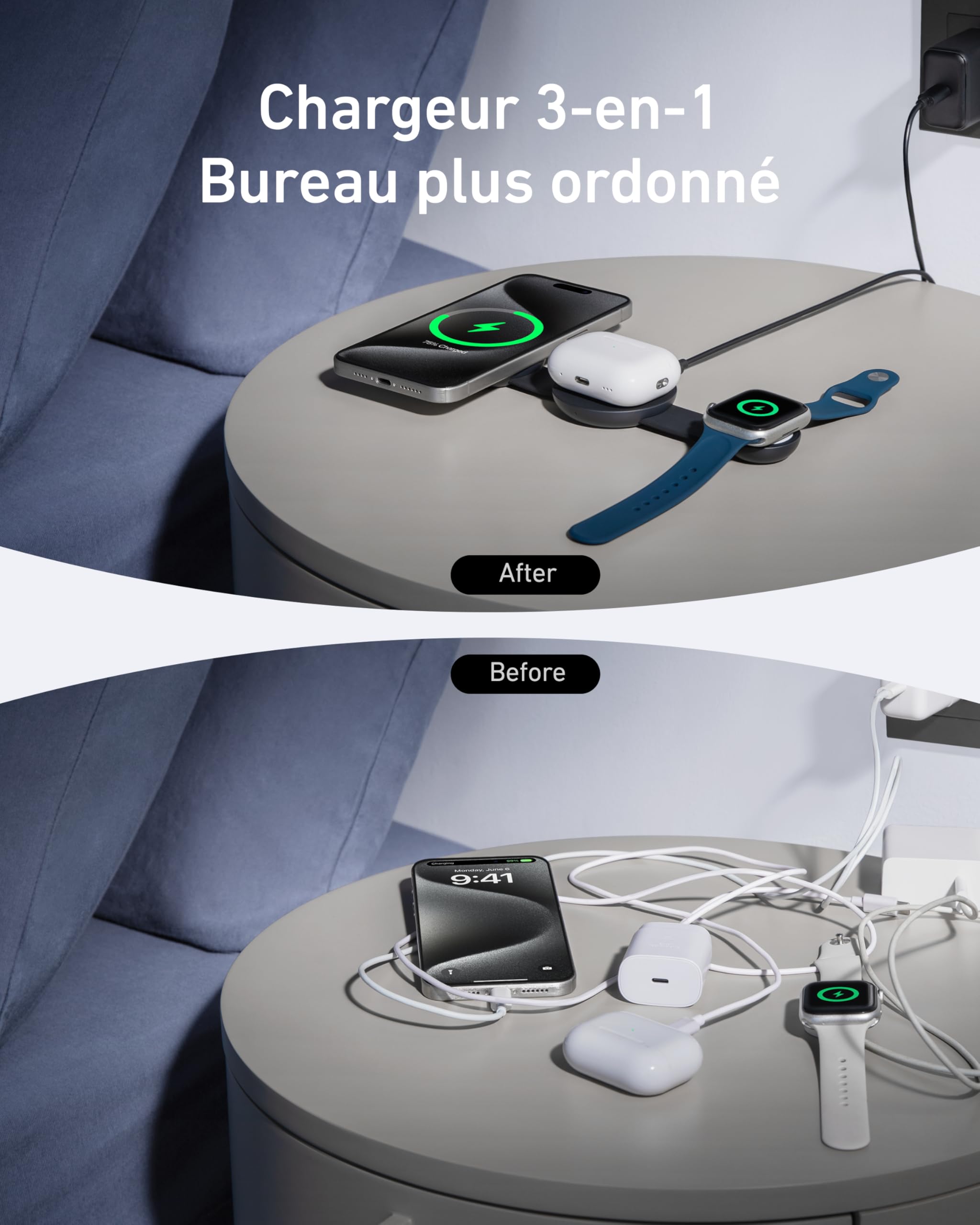Anker Chargeur Induction iPhone Qi2 15W, Station de Recharge 3 en 1 Pliable, Compatible MagSafe pour Apple Watch, AirPods, iPhone 17/16/15 (Chargeur USB C Inclus)