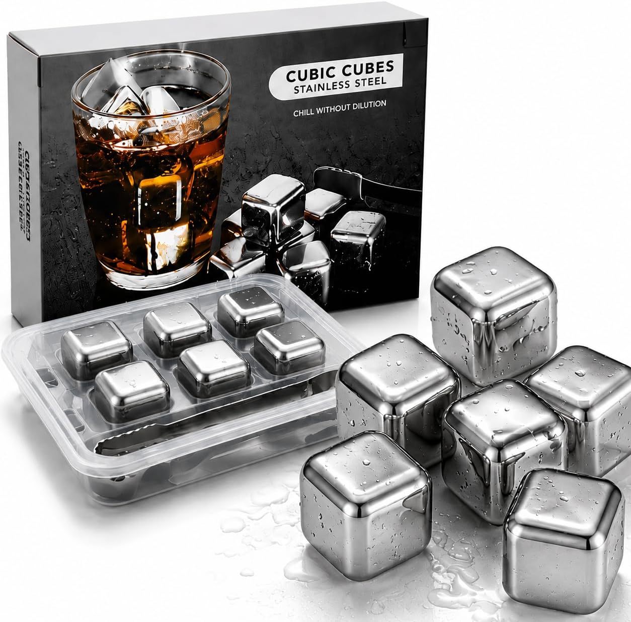 6 Pack Stainless Steel Whiskey Stones, Metal Ice Cubes Gift for Men