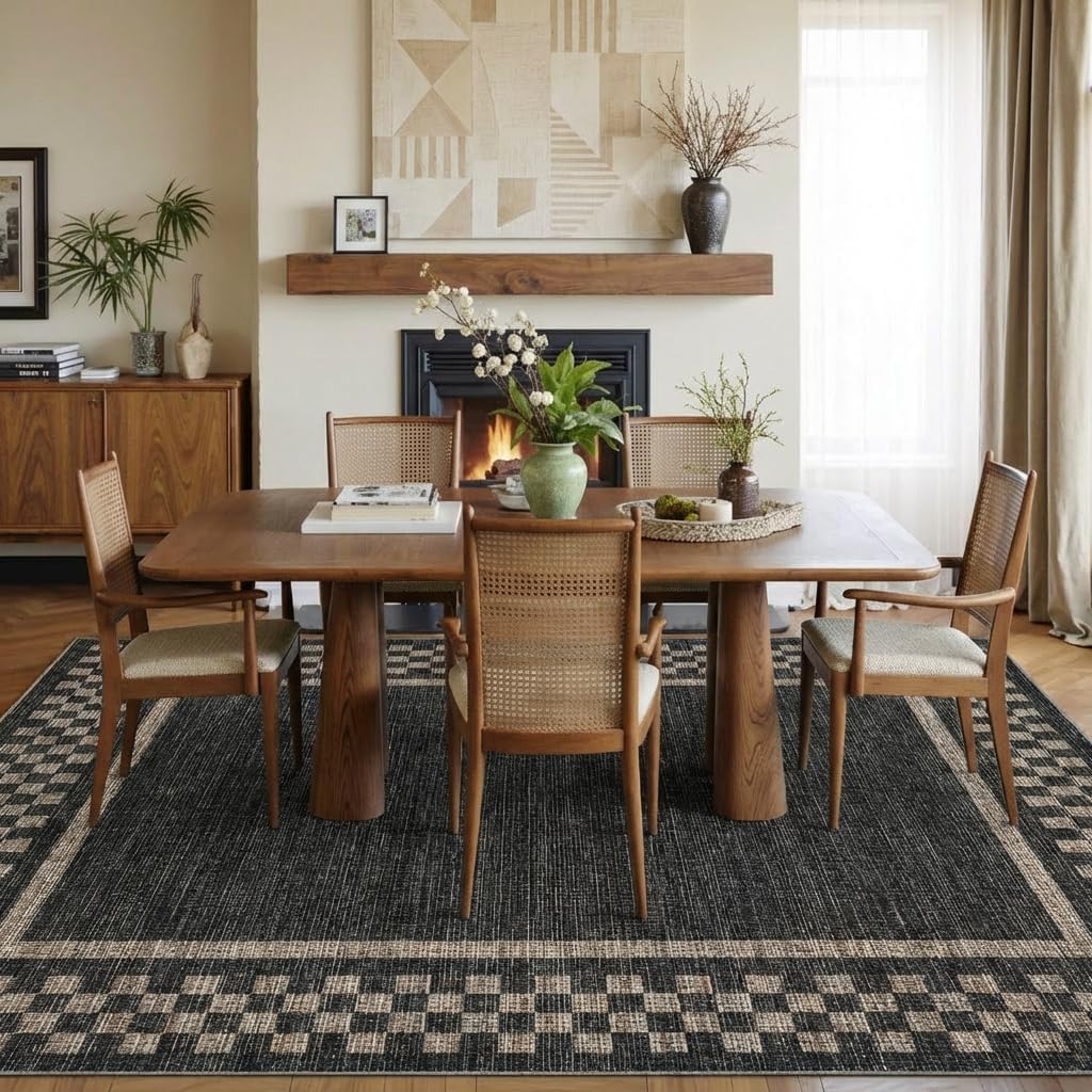 Garvee Washable Area Rug 8x10 Rug Bordered Solid Rugs for Living Room Non-Shedding Stain Resistant Large Checkered Neutral Rugs Non-Slip Bedroom Carpet for Apartment Farmhouse, Black