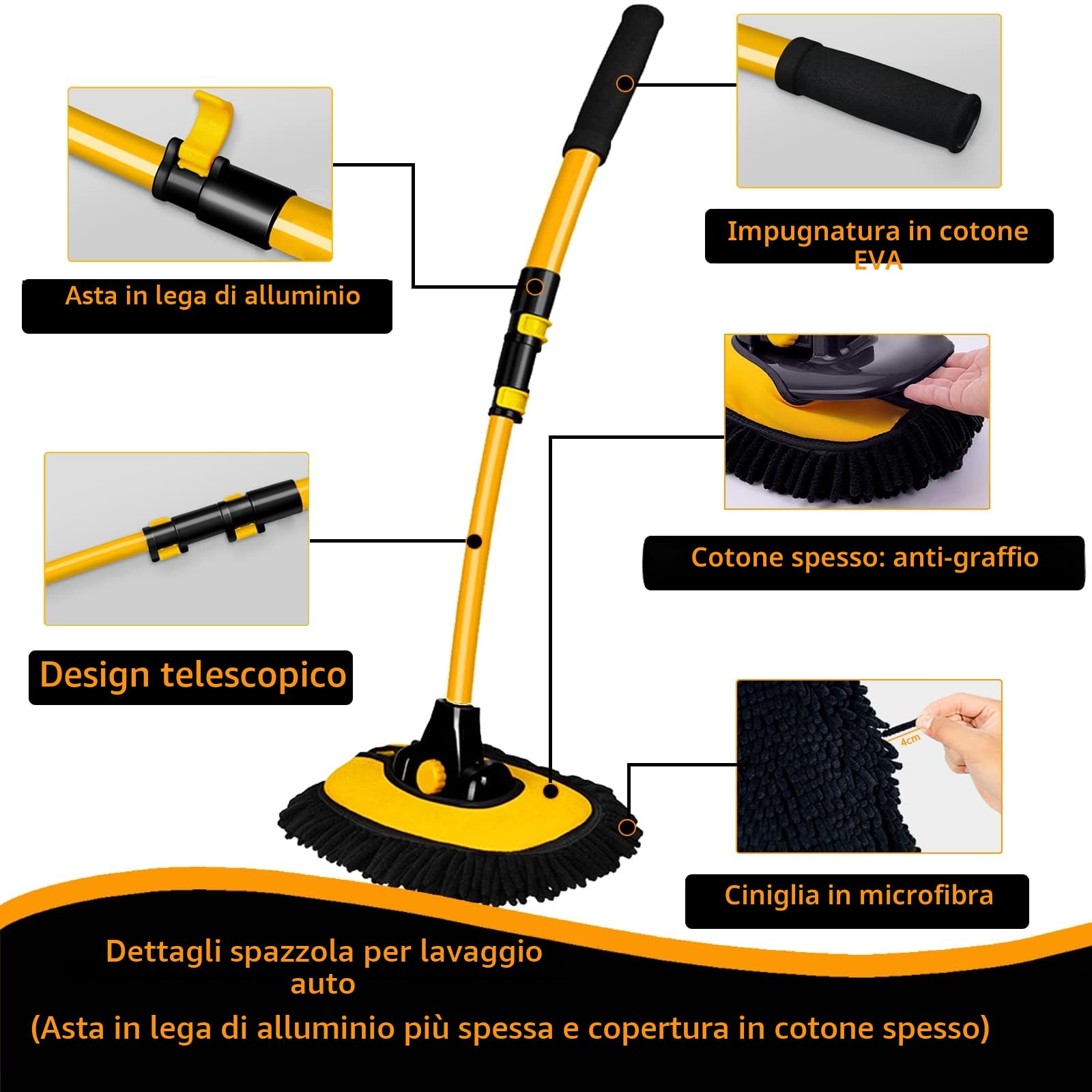 15° Curvata Spazzole Pulizia Auto Telescopica Lavaggio 43” Asta in Lega di Alluminio Kit Spazzola Spugna Esterno Camion Camper Moto Accessori Spazzolone Microfibro Ciniglia Pennello Senza Graffi