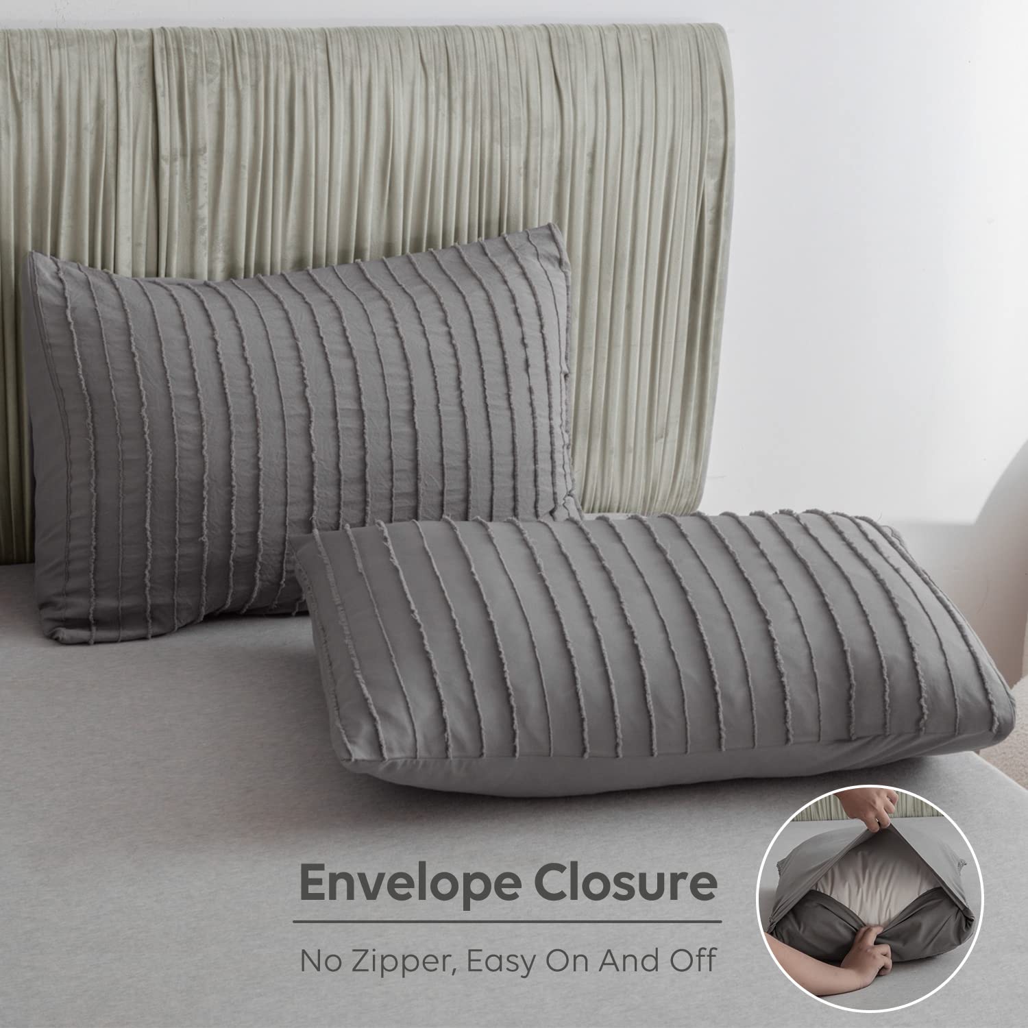 JELLYMONI Grey Duvet Cover Queen Size - 3PCS Microfiber Tufted Duvet Cover Set, Boho Striped Tufted Textured Duvet Cover with Corner Ties & Zipper Closure