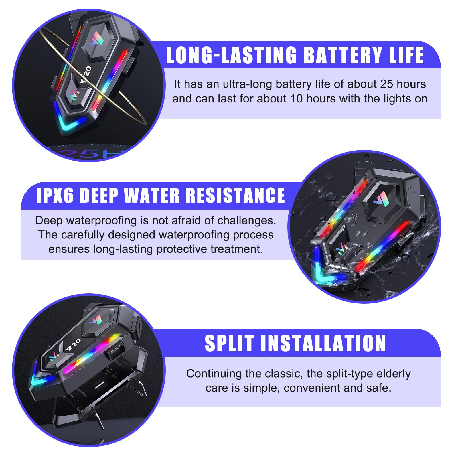 Casco da motociclista Bluetooth Casco Bluetooth Cuffie Bluetooth a doppia riduzione del rumore, RGB/vivavoce/controllo vocale AI/bassi potenti/IPX6 cuffie impermeabili compatibili con tutti i caschi