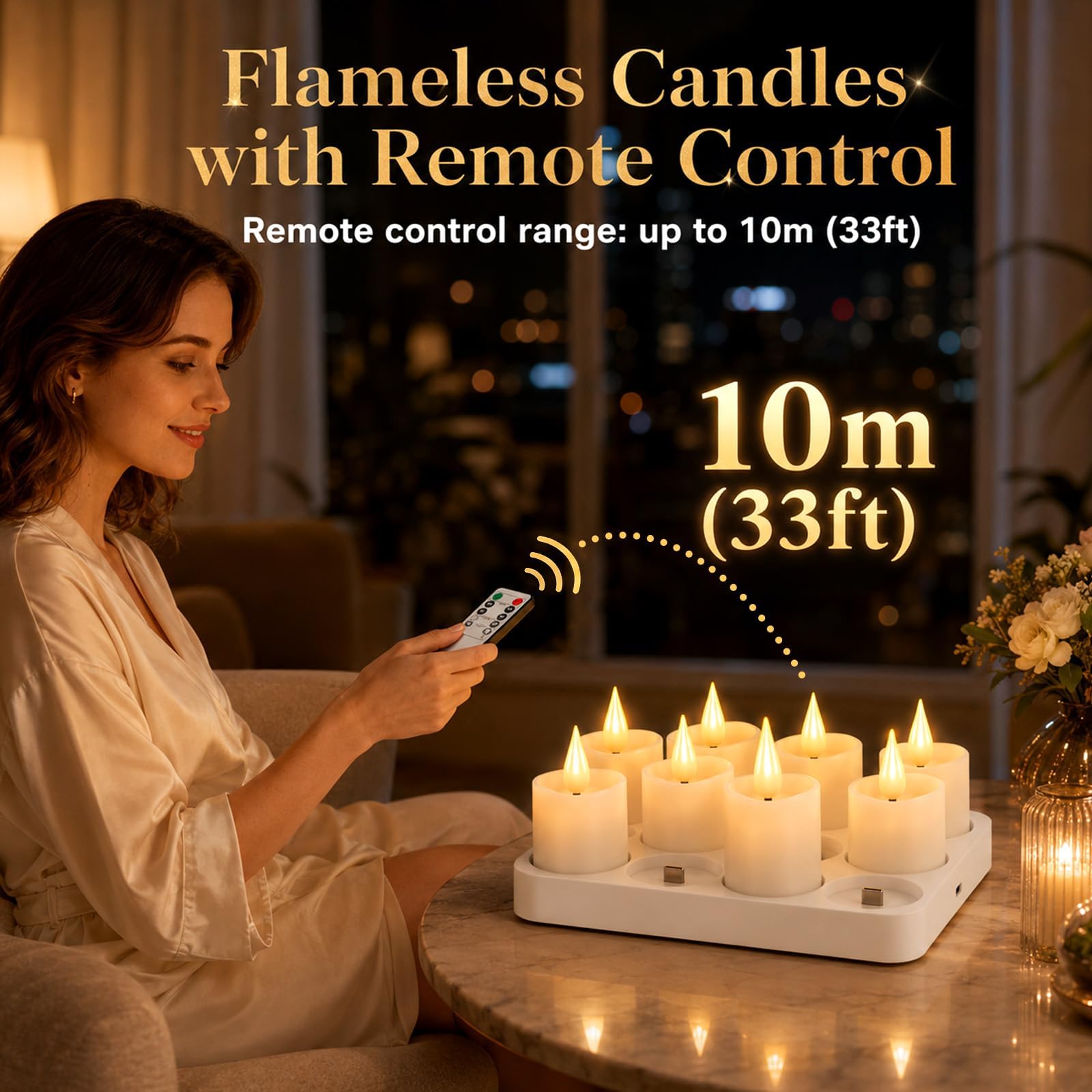 Candele da tè a LED, ricaricabili, con fiamma tremolante, con funzione timer, telecomando e stazione di ricarica, colore bianco, per Halloween, Natale, feste, 12 pezzi