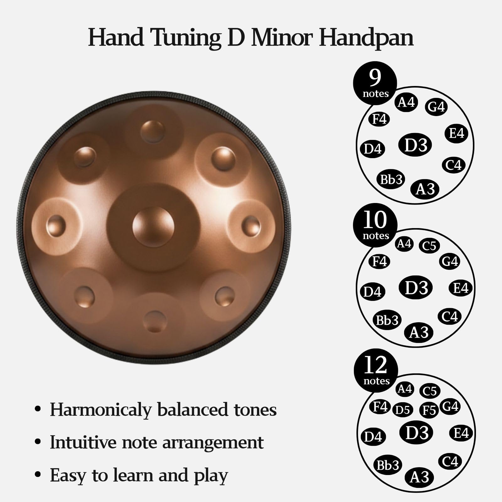 Handpan Drum de Acero D Minor Handpan Instrumento Musical 9 10 12 Notas Afinado 432Hz 440Hz para Meditación Yoga Música y Práctica Sonora para Terapia Relajante(Azul,440HZ/9 Note)