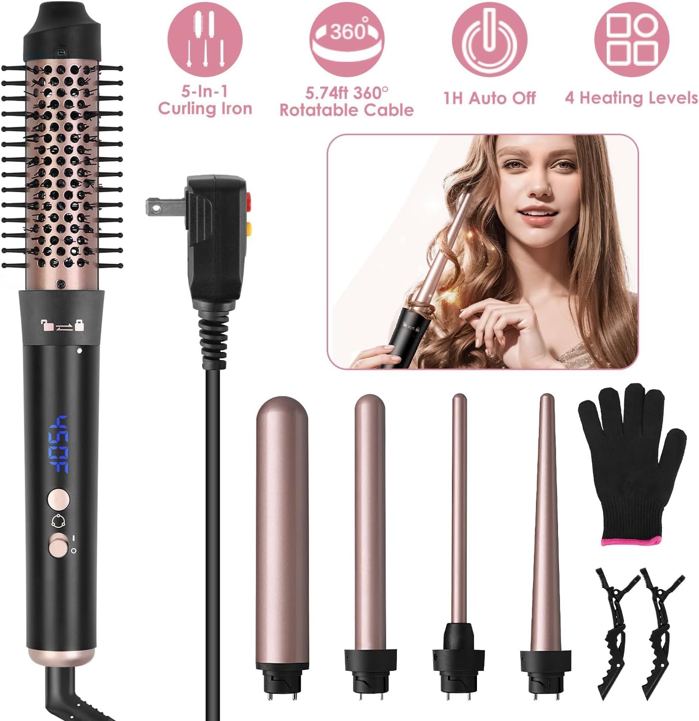TeqHome 5 in 1 Curling Wand Set, Curling Iron with 5 Interchangeable Barrels, 4 Temps Fast Heating Hair Curler with Glove, 2 Clips, ALCI Plug & 360°Rotatable Cable, 1H Auto Off (W Leakage Protect)